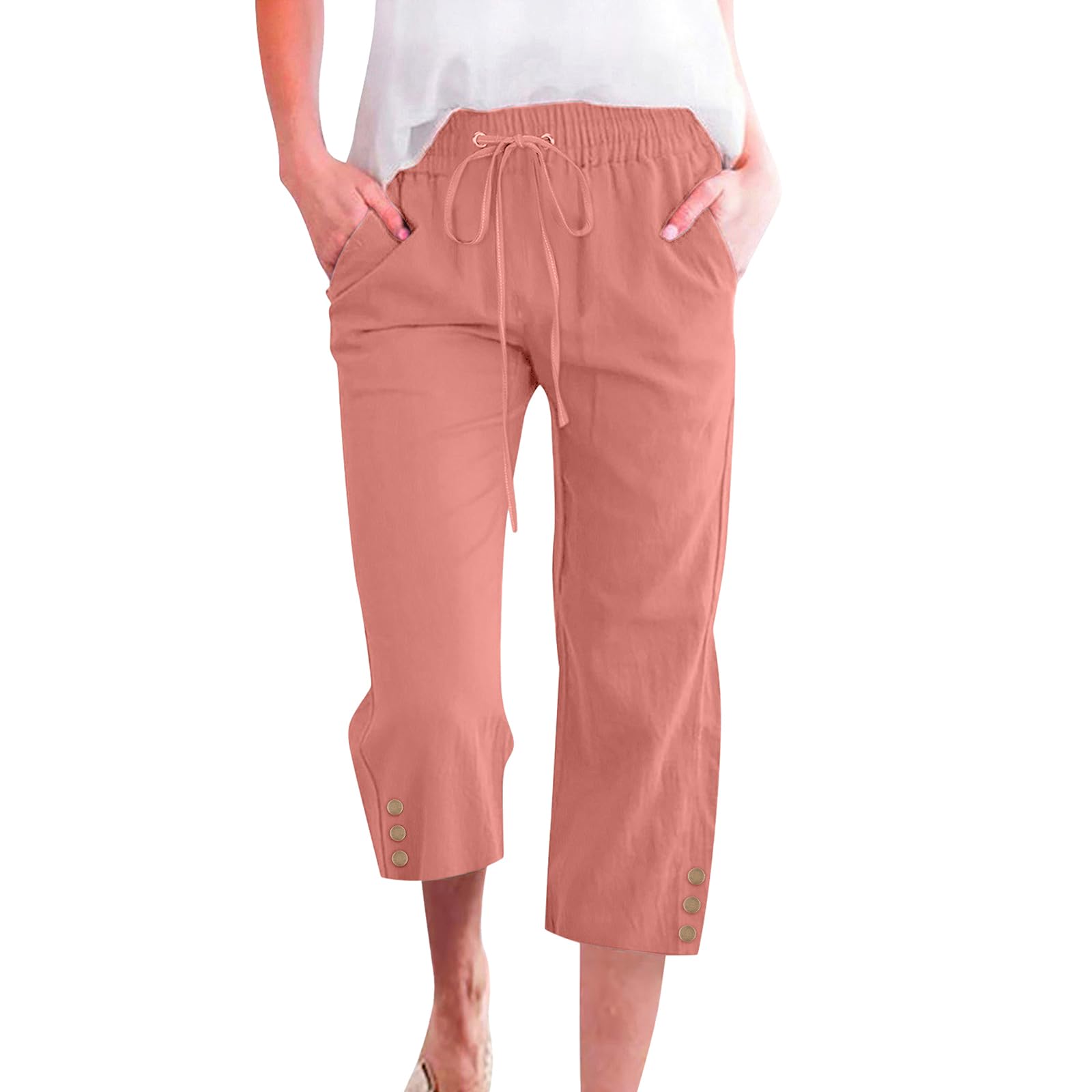 WROLEM Womens Capris Pants High Waist Drawstring Comfy Casual Pants Lightweight Trousers Buttons with Pockets