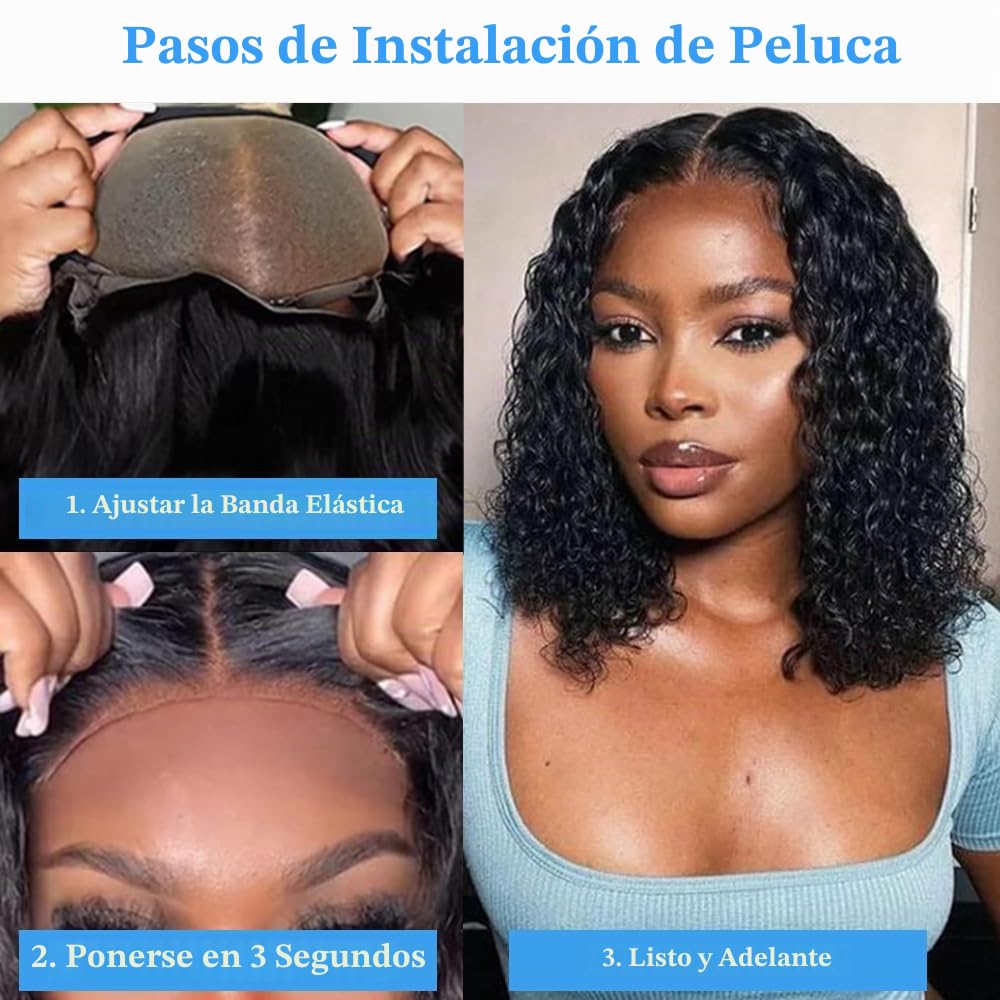 Peluca Bob Lace 4x4 Glueless Deep Curly Lace Bob Wigs Wear and Go Brazilian Pelucas Cortas para Mujer Pre Cut Human Hair Wig Pelucas de Cabello Humano Pre Plucked 10 Pulgada Natural Black