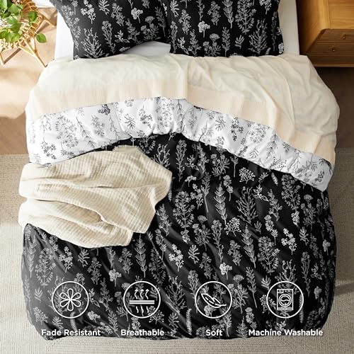 Image of Bedsure Duvet Cover Queen Size - Reversible Black Queen Duvet Cover Set with Zipper Closure, 3 Pieces Floral Patterned Bedding Set with 8 Corner Ties and 2 Pillow Shams