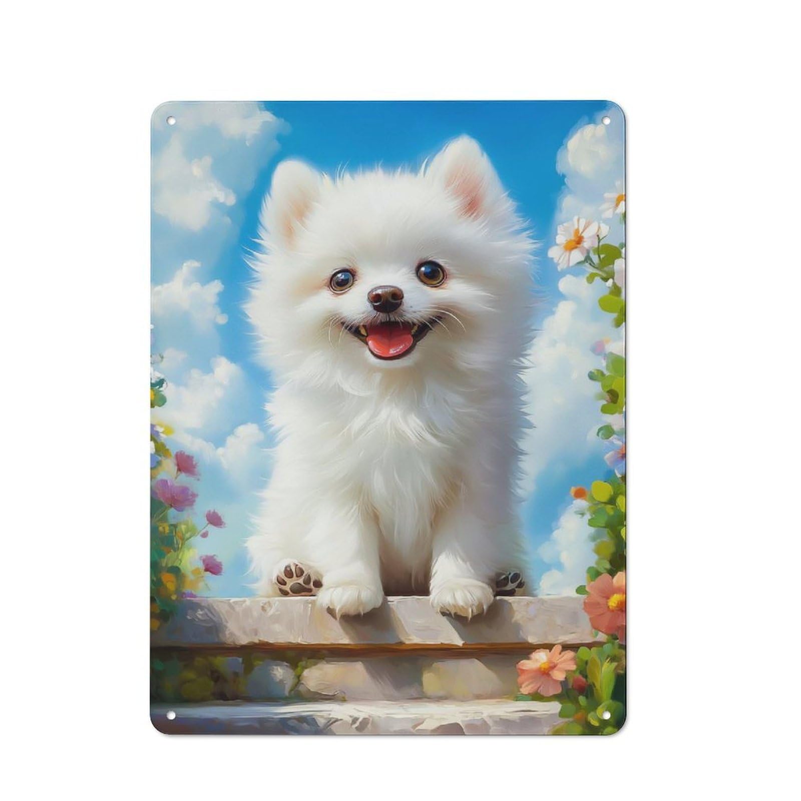 Junmoney Style-14 Smiling White Pomeranian Puppy Tin Wall Plaque 40X30cm, Rustic Cottage Wall Art For Dining Room, Cafe, Entryway Or Family Room