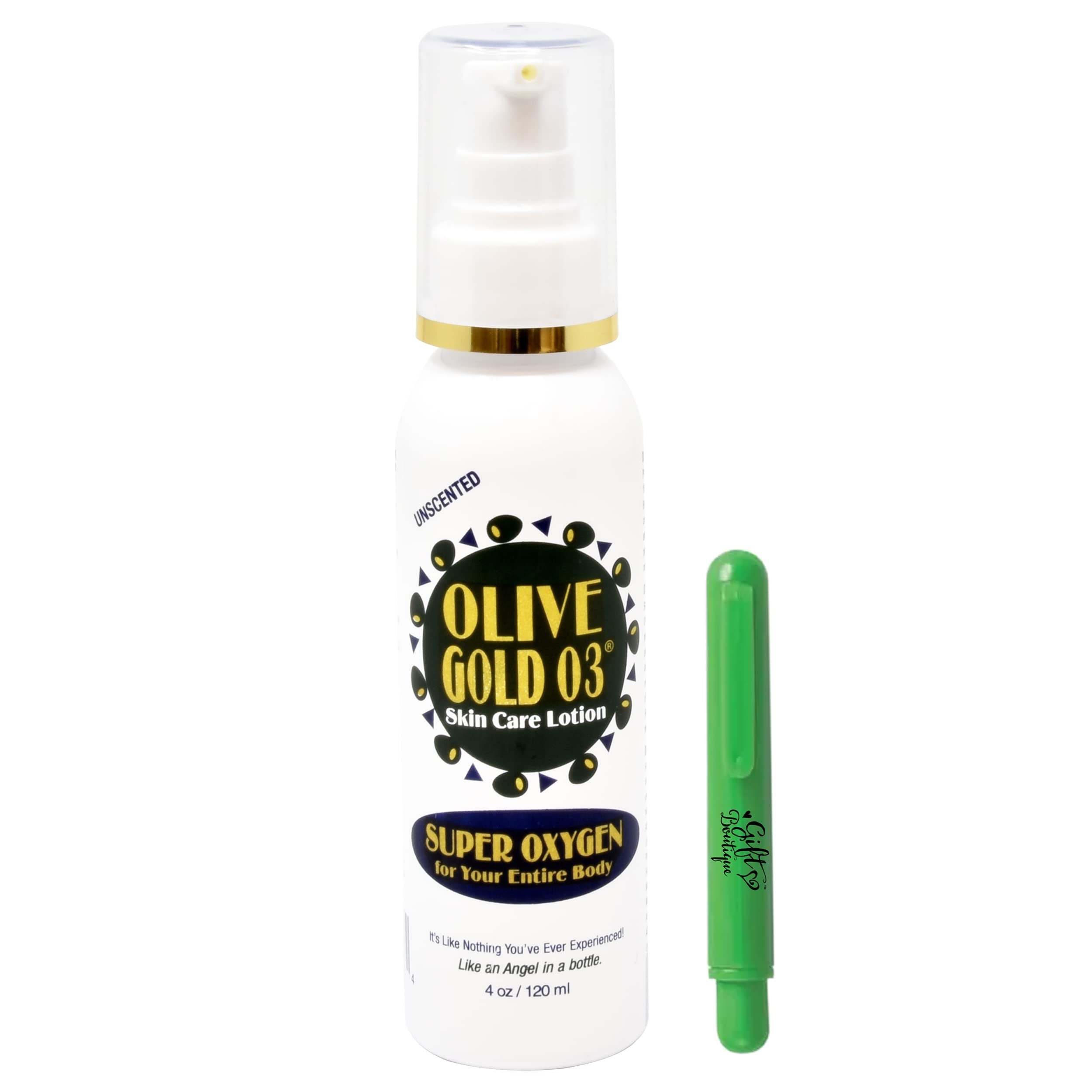 Gift Boutique Olive Gold O3 Skin Lotion Ozonated Olive Oil Super Oxygen Body Oils Organic Ozonated Super Oxygen Oil Moisturizer for Men and Women Dry Skin Spray Moisturizer Lint Stick 4 Oz