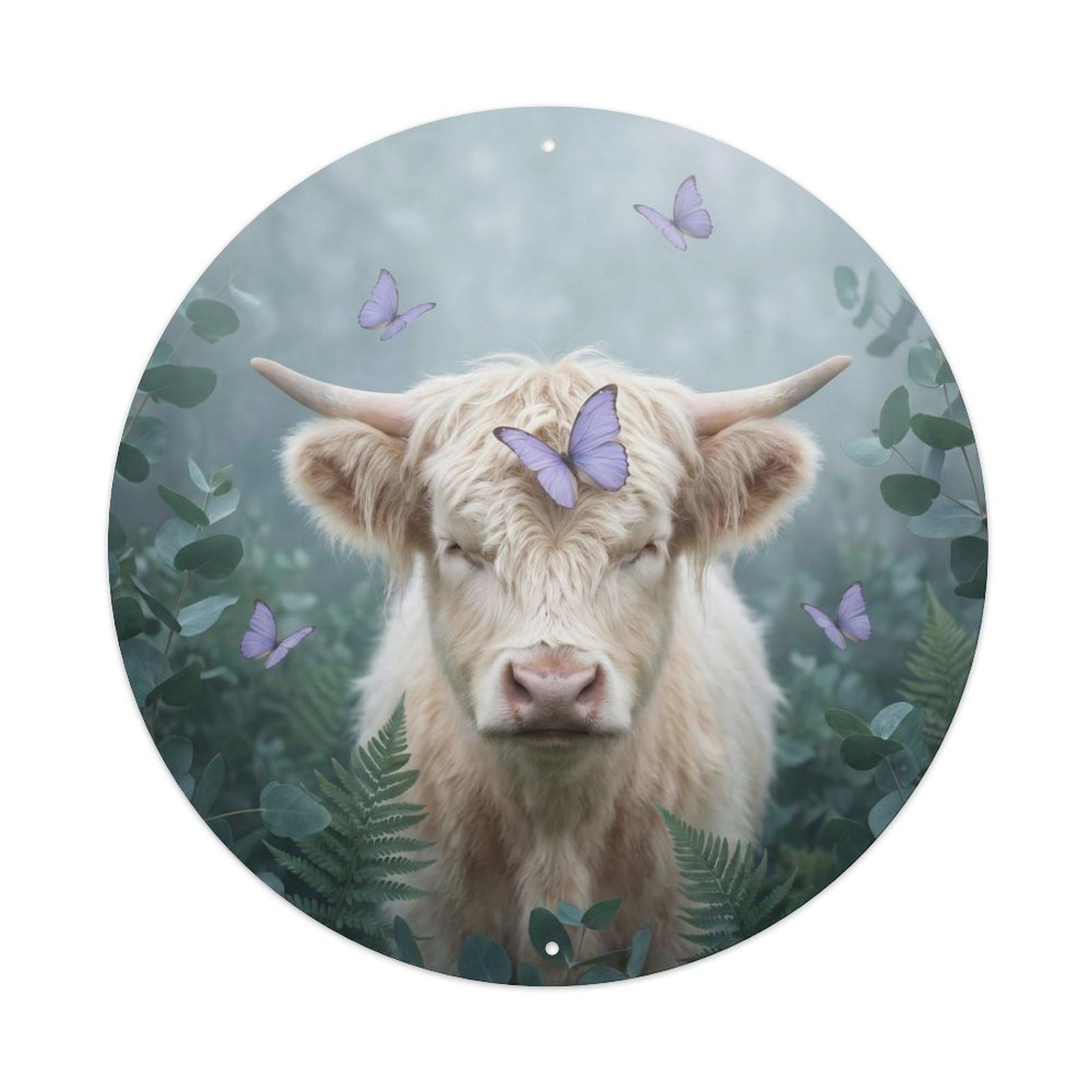 White Highland Calf Lavender Butterfly Rustic Farm Animal Metal Tin Sign Plaque Wall Decor for Cafe, Man Cave, Club Bar, Office, Home Garden Round Metal Poster 8x8Inch