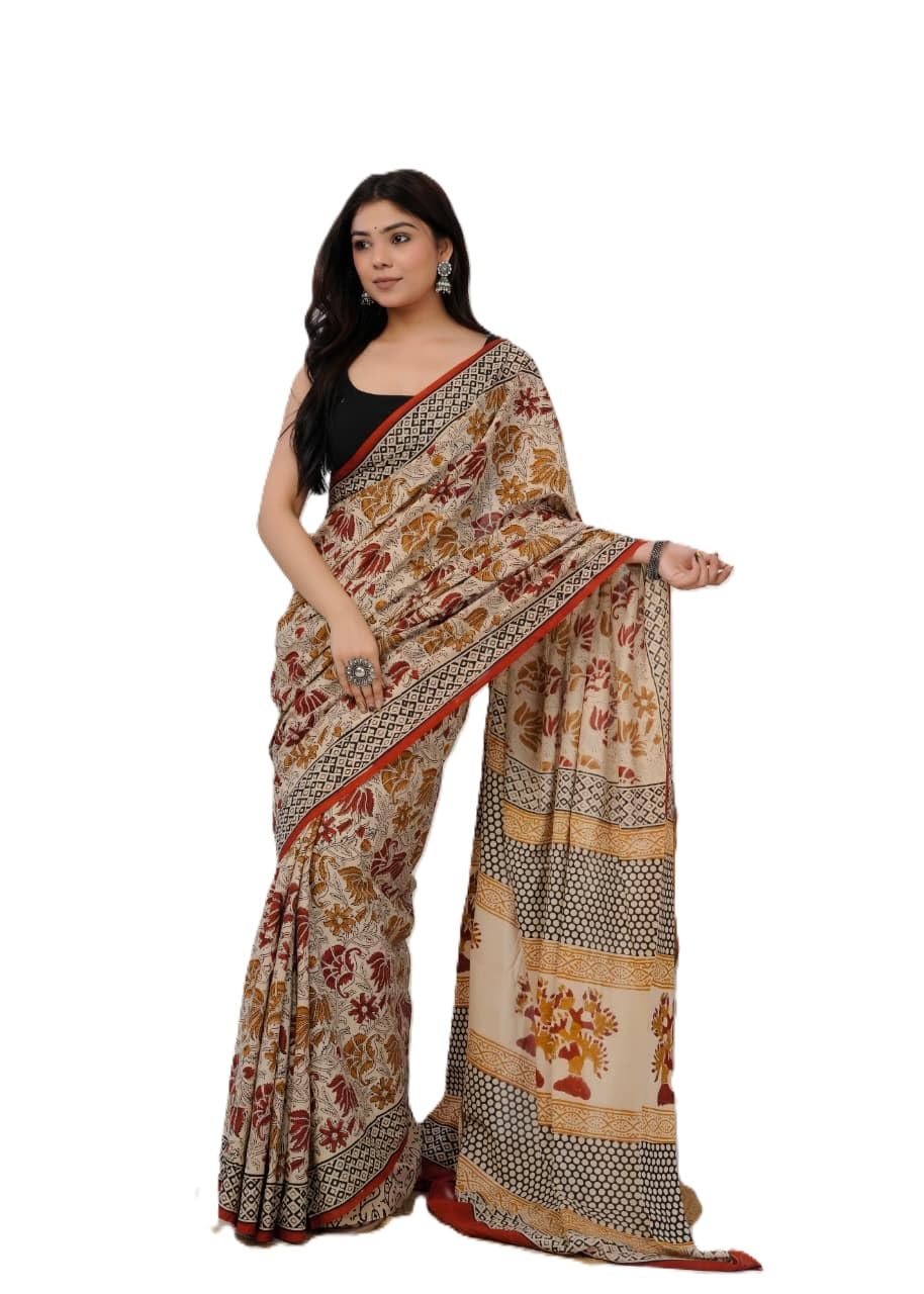 Cotton Mulmul Hand Block Printed Saree for Women | 5.5m Saree + 0.8m Unstitched Blouse Piece | Soft Lightweight Ethnic & Summer Wear Saree Beige-image-11