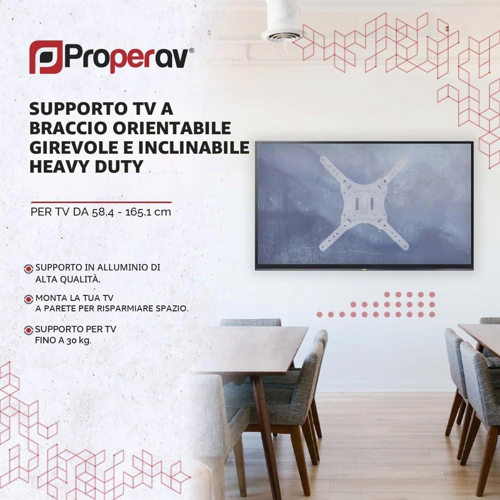 Proper, colore: bianco, A parete inclinabile per TV con staffa 58,42 cm (23") 60,96 cm (24") 71,12 cm (28") 81,28 cm (32") 99,06 cm (39") 101,60 cm (40") 106,68 cm (42") "televisioni LCD e LED, classe energetica A.