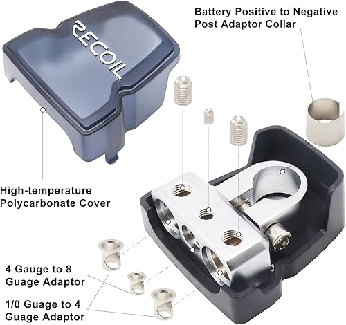 Vista 8 de Recoil PBT-D04 Paquete de 2 abrazaderas de terminales de batería negativas positivas de latón macizo de alta calidad con una salida de calibre 0/2/4