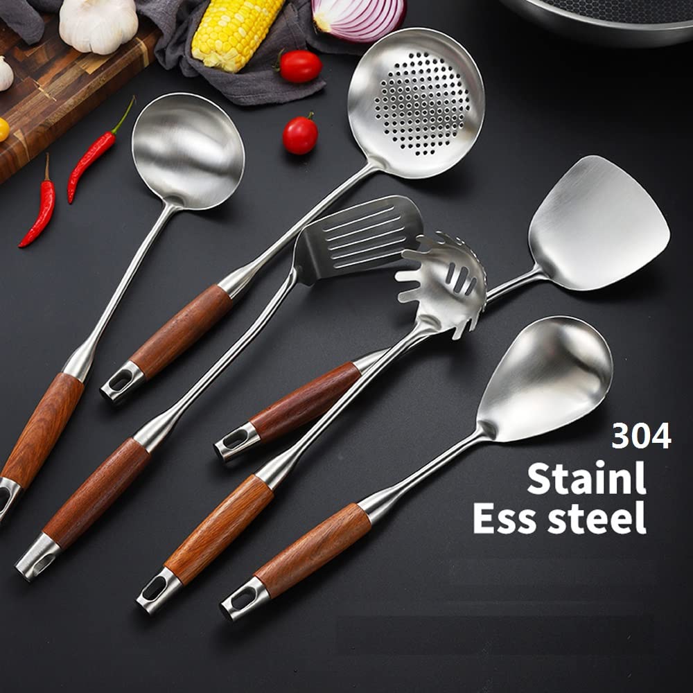 6 Pièces Set de Cuisine Inox avec Cuillères, Spatules et Ustensiles, Manche Stratifié en Poirier