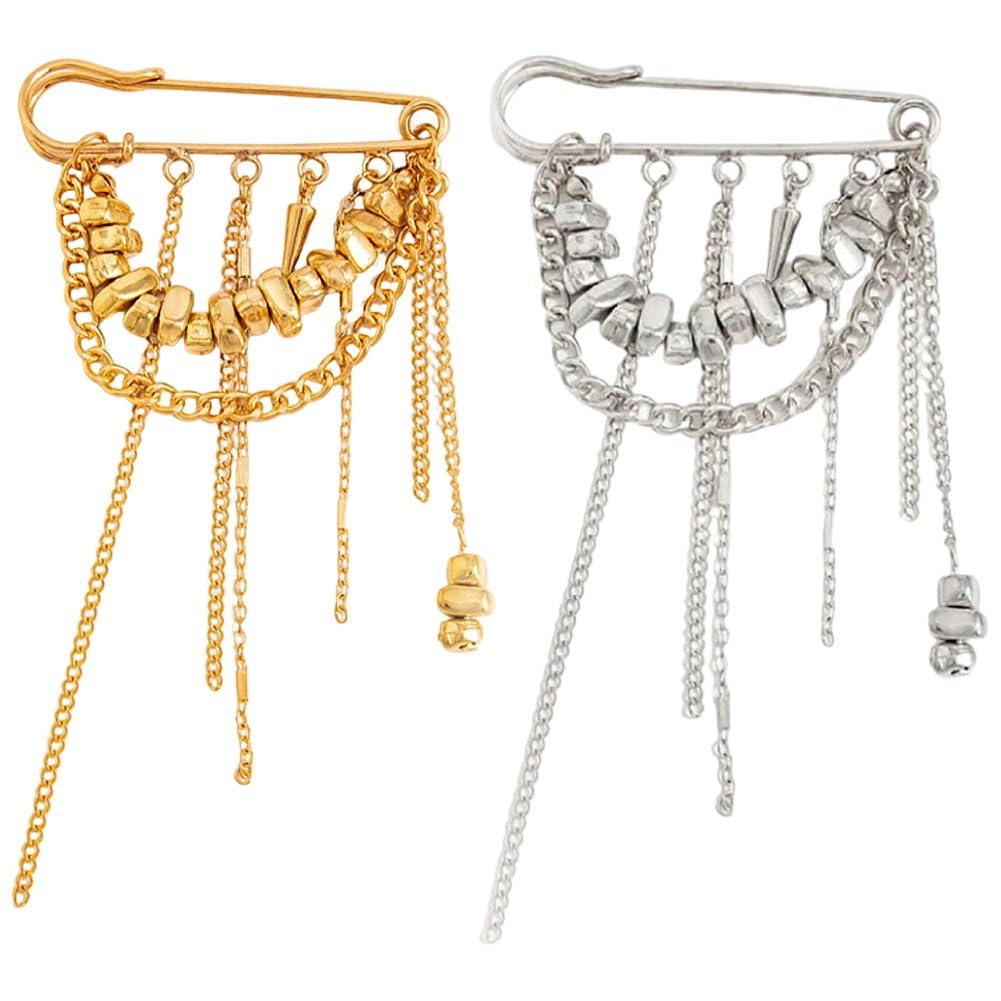 Sslvya 2 Pcs Metal Chain Tassel Safety Pins for Women Beaded Chain Brooch Pin Pant Waist Tightener Pin Clothing Accessories