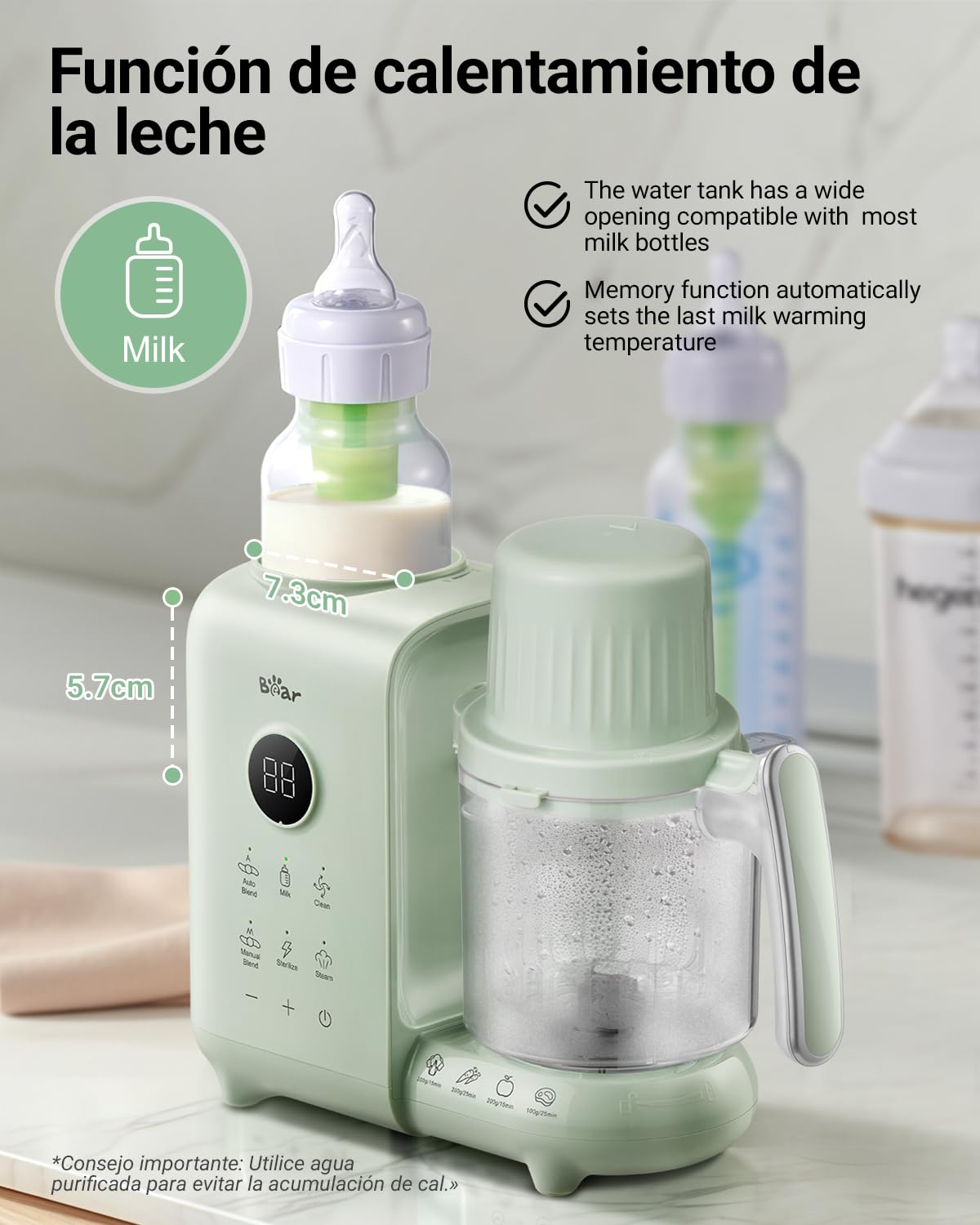 Bear Vaporera 6 en 1 con batidora premium para alimentos para bebés, vapor, agitación automática, calentamiento de leche, desinfección, función de autolimpieza, función de limpieza automática (Verde)