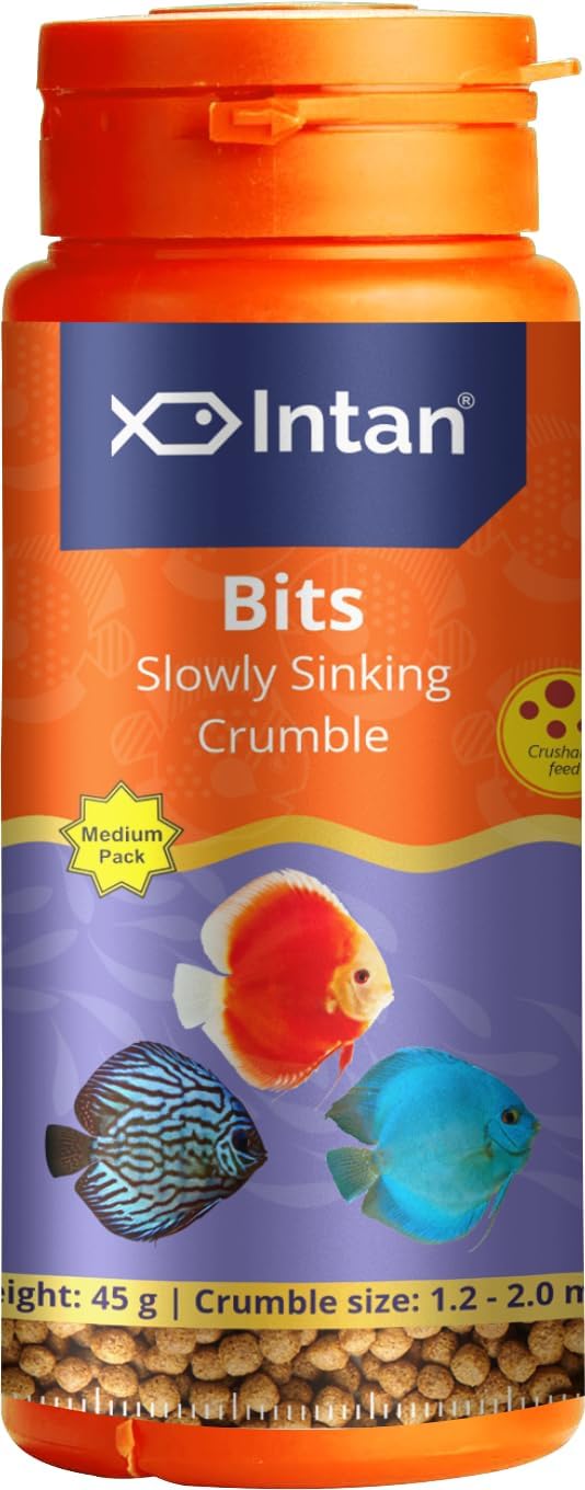 Intan Bits Slow Sinking Crushable Crumble Fish Food | Crumble for Discus, Danios, Barbs & Rainbows Fish | Medium Pack 45 Gm, Crumble Size 1.2 to 2.0 mm Dia, Pack of 1,All Life Stages