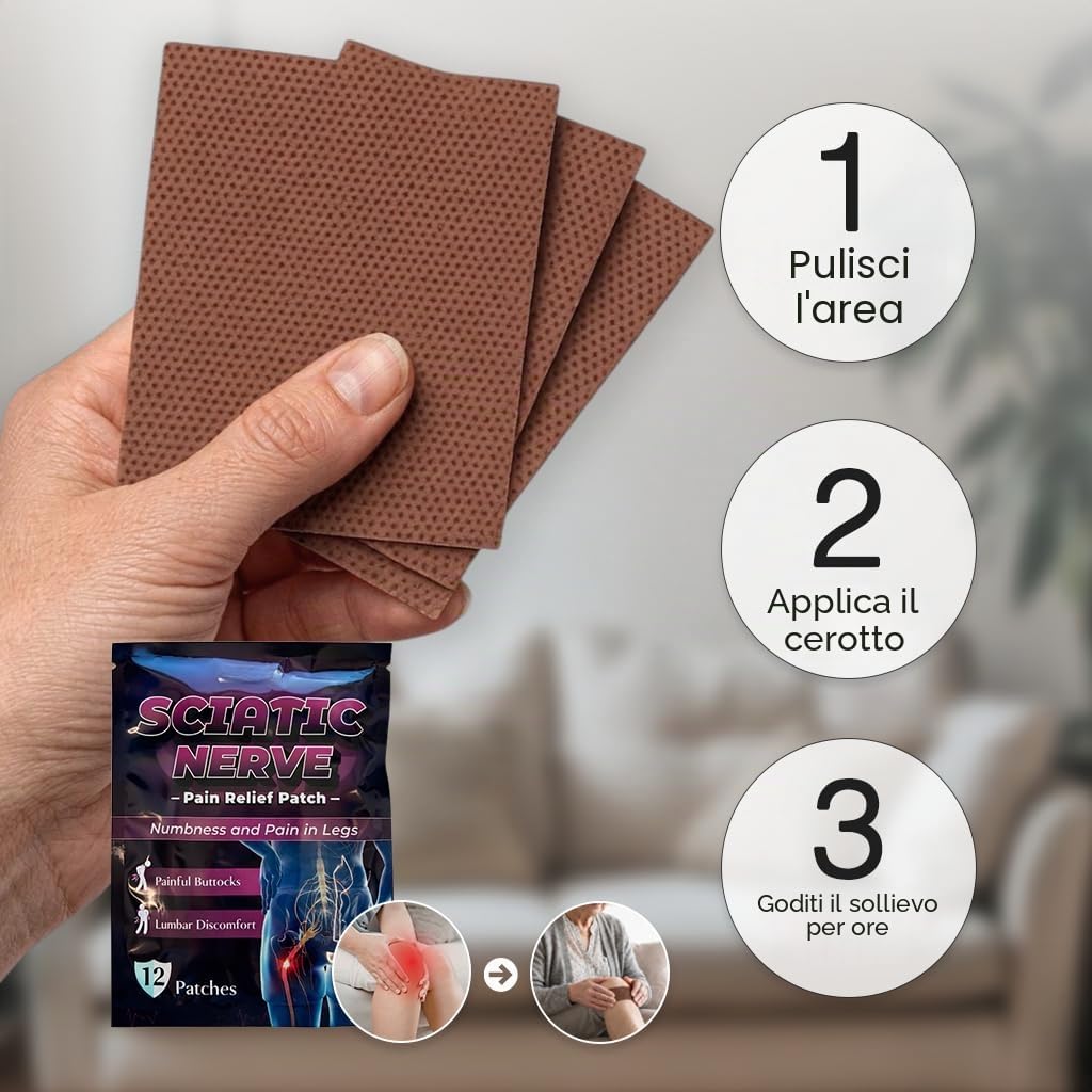 Patch Sciatico 60 Pezzi – Patch Riscaldante per Dolore al Nervo Sciatico, Lombari, Schiena e Articolazioni, Sollievo Muscolare Naturale, Tessuto Traspirante e Flessibile, Formula con Estratti Vegetali