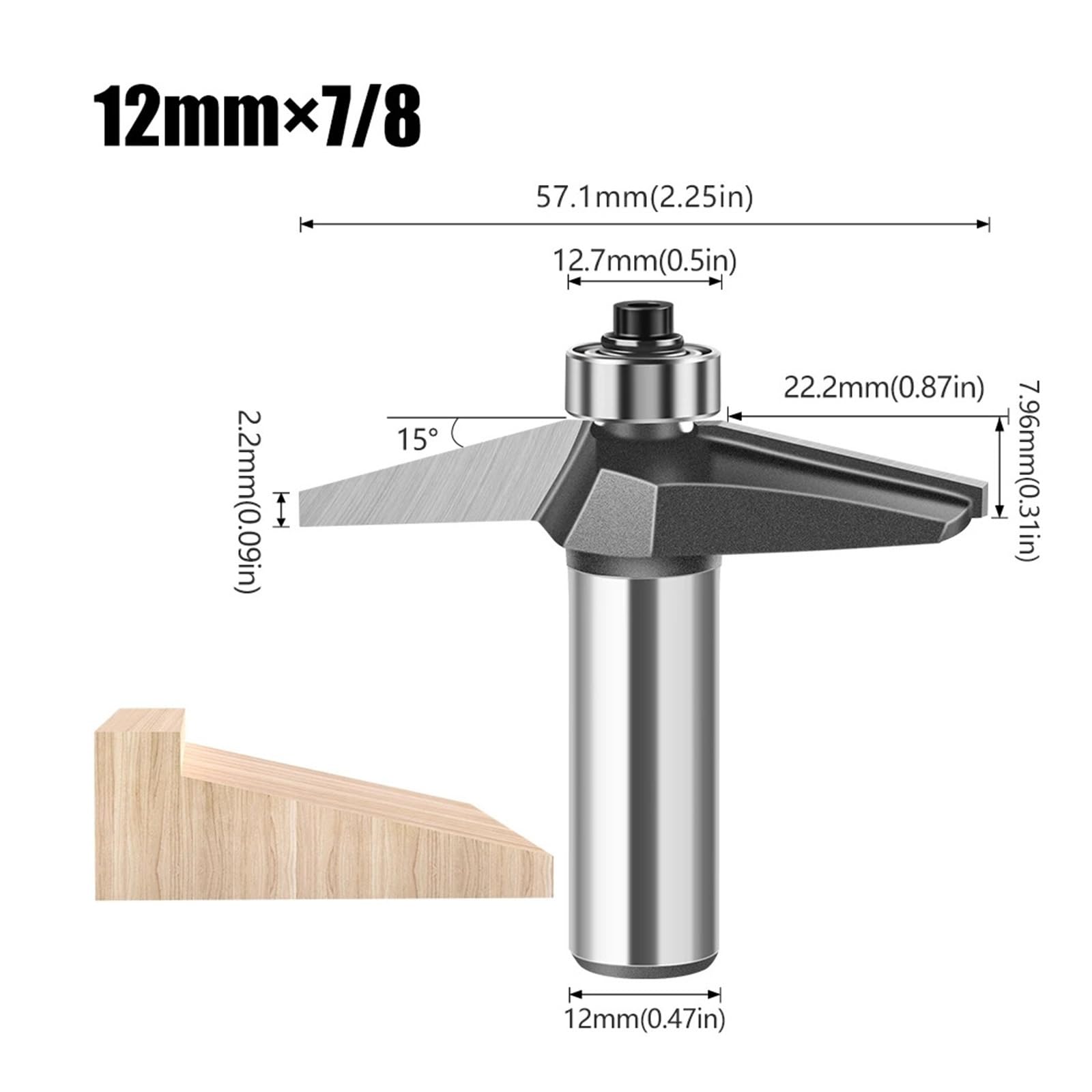 1pc 15 Stopni Fazowanie Krawędzi Formowanie Frez 12mm 1/2 Cala Shank Skos Równo Z Wykończeniem Frezy Do Obróbki Drewna(15DMBXD12X22.2mm)