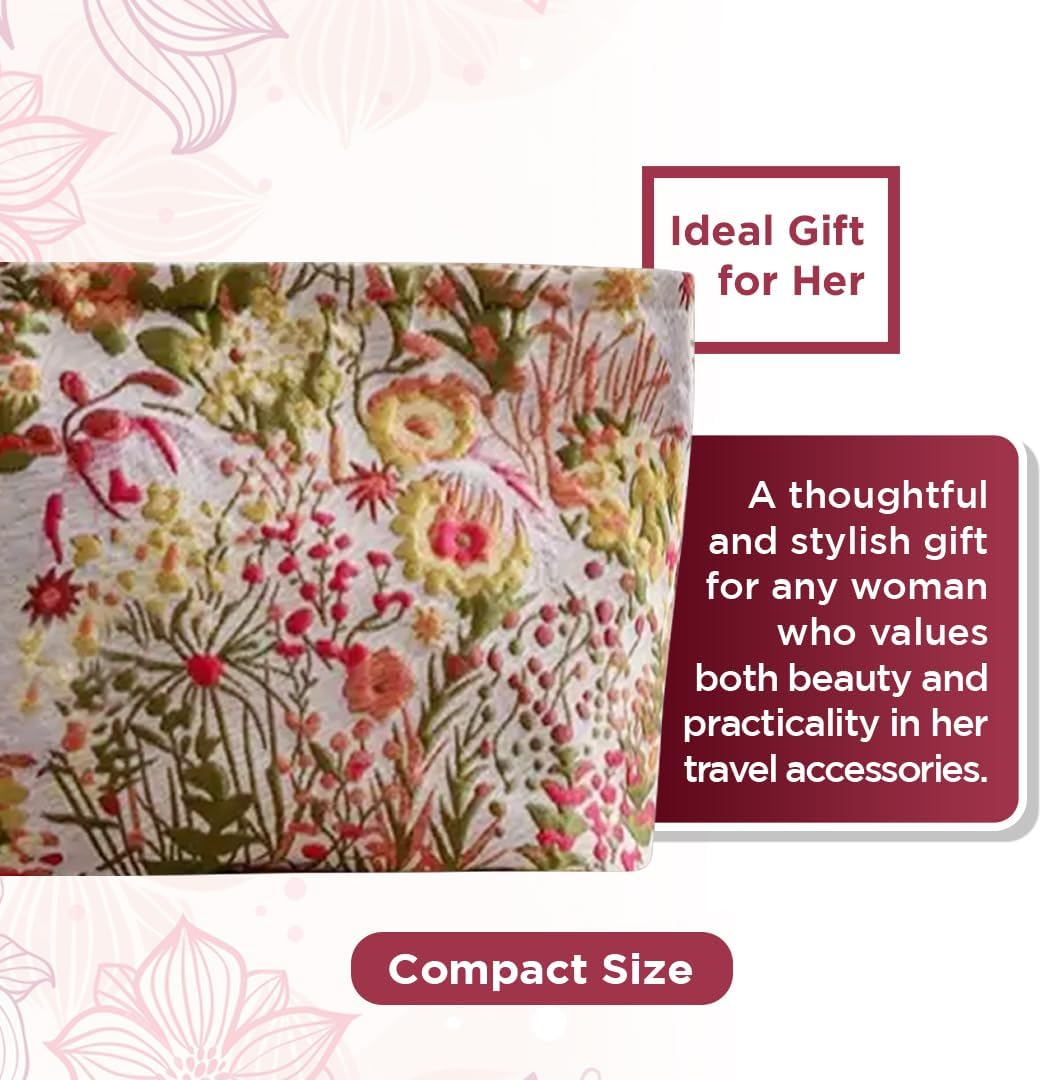 Jolitee Floral Makeup Bag - Durable & Portable Travel Cosmetic Organizer with Zipper, Embroidered, Toiletry Bag for Women & Girls (Willow & Bloom Floral)