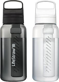 LifeStraw Go Series – BPA-Free Water Filter Bottle for Travel and Everyday use removes Bacteria, parasites and microplastics, Improves Taste, 1L 2-Pack; Nordic Noir and Clear