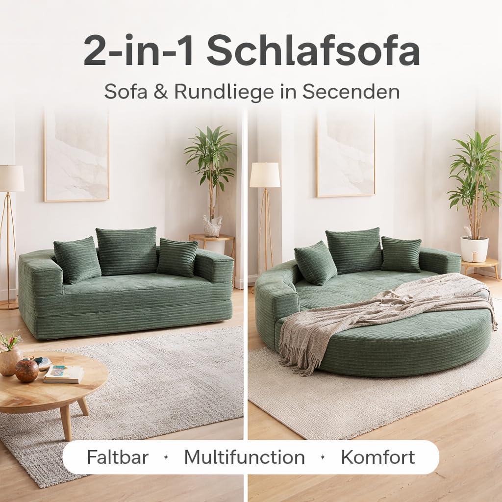 2-in-1 Schlafsofa Rundliege 180×180 cm, Faltbares Cordstoff Sofa Bett mit Kissen, Halbkreis Sofa zu Rundbett Ausziehbar, Boden Schlafsofa für Wohnzimmer, Balkon & Lounge (Grün)