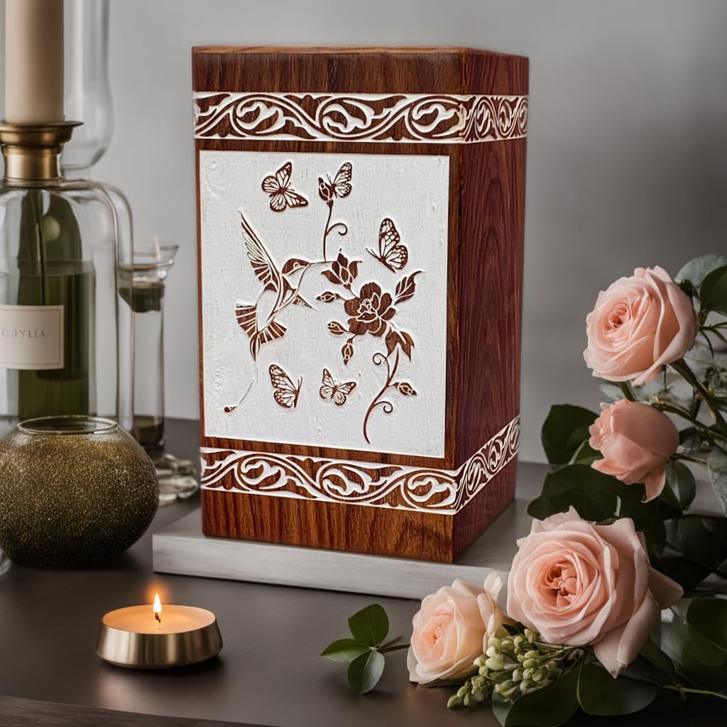 Prime Art wooden urns for ashes adult cremation box for ashes adult cremation urns for ashes adult tree of life urn for ashes (Bird Rose Natural, (X-Large - 14" Hx7.5 W (640 Cu/In))