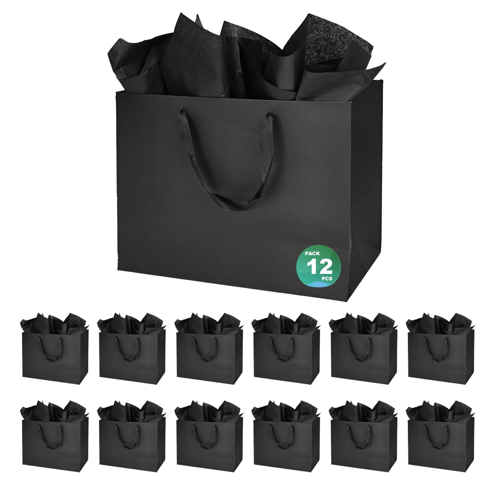 Papertide 12 Pack Black Large Gift Bags 33x12.7x25.4cm with Tissue Paper