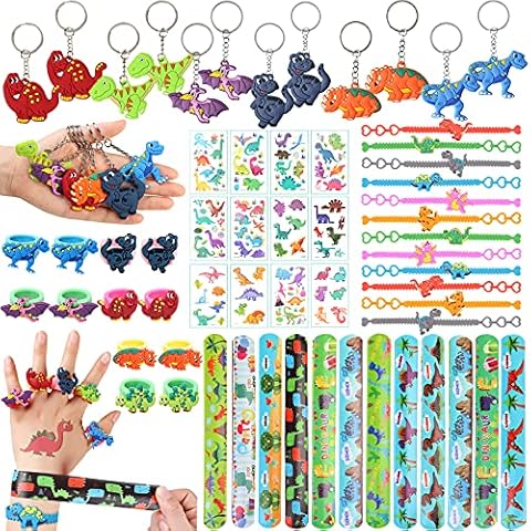 60 PCs Dinosaur Party Bags Fillers Slap Bracelets Tattoos Keychain Ring Bracelet Birthday Gifts Dinosaur Party Favours for Boys Kids Cover