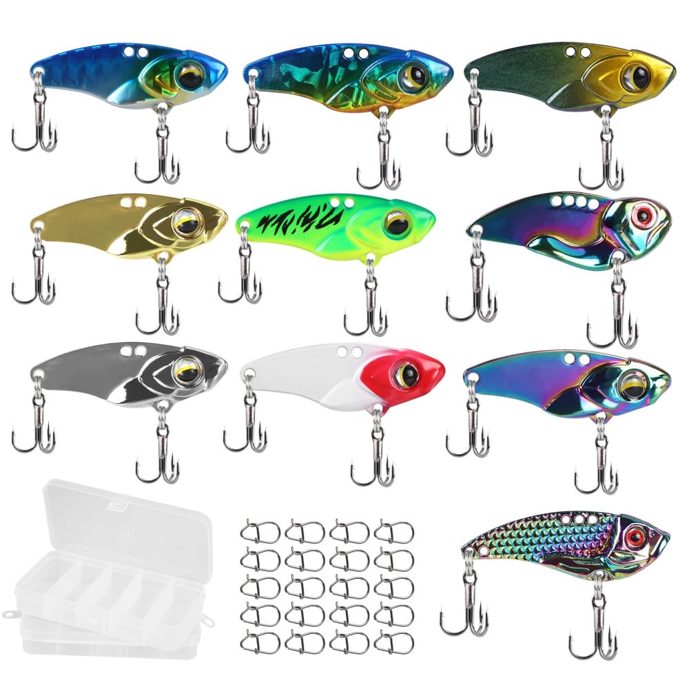 Fishing Lures Set, 10Pcs Spinner Blade Lures Bright Color Trolling Swimbaits with 2 Tackle Box + 20 Swivels for Freshwater Saltwater