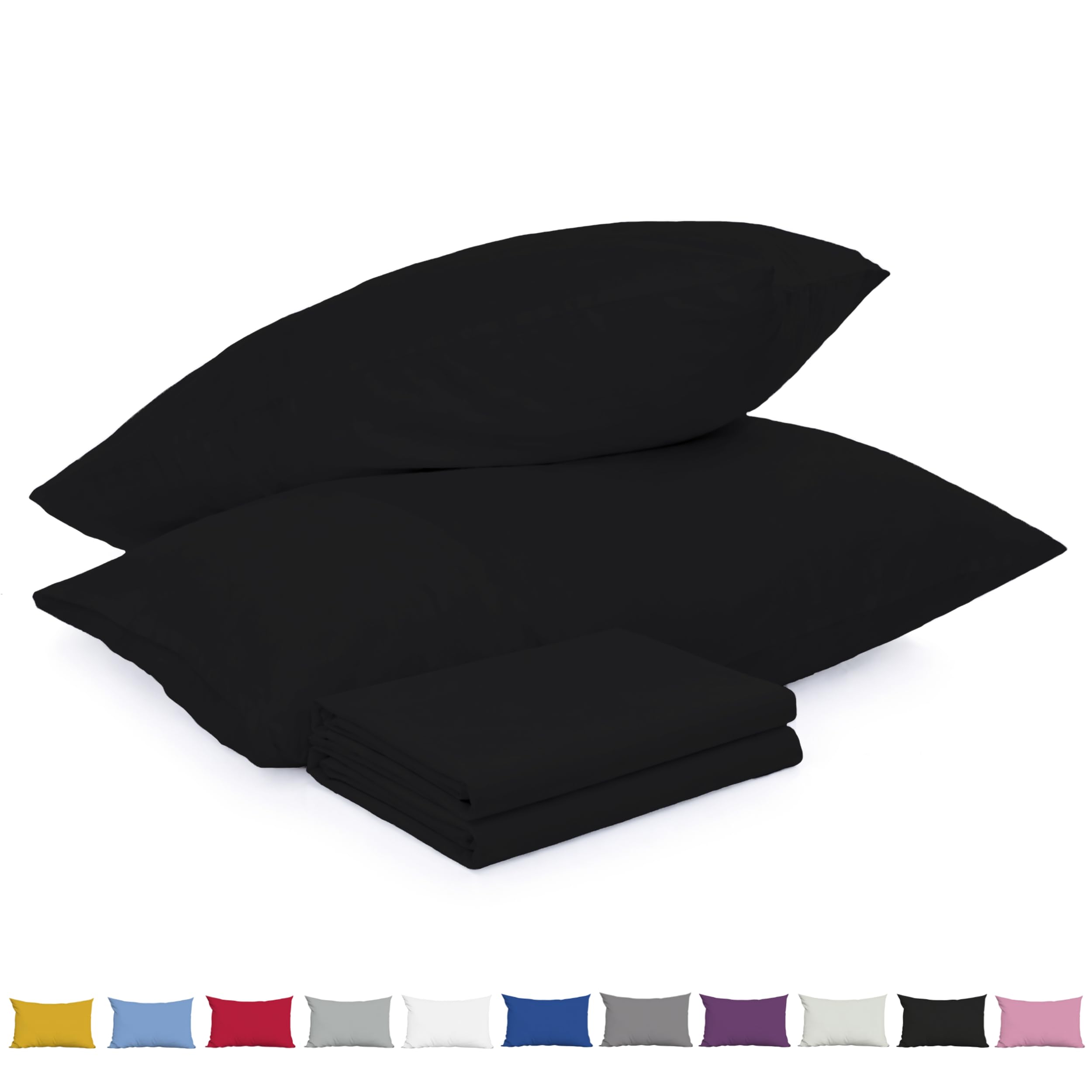 Pillow Cases 2 Pack Black - 100% Brushed Microfibre UK-Standard Size 50x75cm Envelope Closure Pillowcase - Wrinkle & Stain Resistant Pillow Cover - OEKO-TEX Certified Pillowcases (Black, 2 Pack)