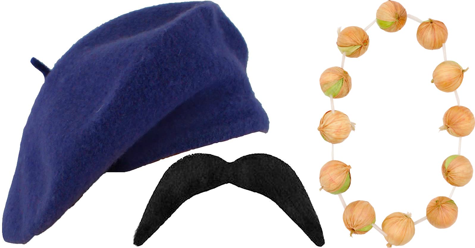 Blue Beret, Onion Garland and Curly Moustache French Set - France Fancy Dress for Bastille Day and French Celebrations
