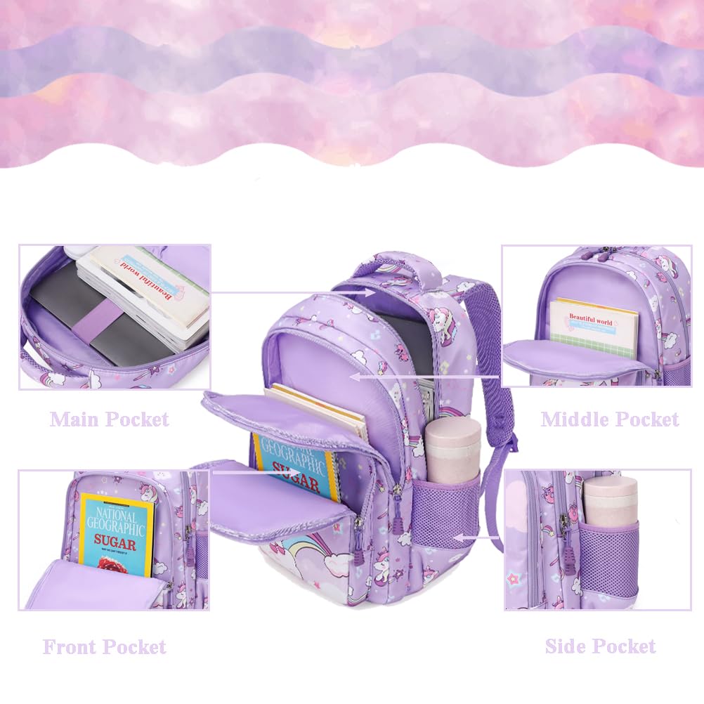 Kimwadalh Mochila Unicornio Niñas Primaria Mochila Escolar para Niñas 3 en 1 Juego de Bolsas Escolares Mochilas Infantiles Niñas Unicornio