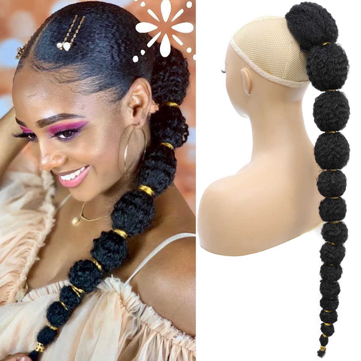 Matriarchs Kinky Afro Bubble Ponytail Extension for Black Women Long Drawstring Ponytail Natural Black Clip on Ponytails for Kids Synthetic Hair Piece