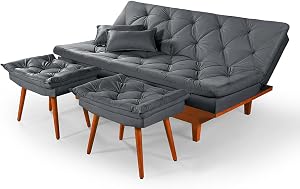 Sofa Cama Reclinavel Caribe Com Duas Banquetas Rubi Suede Cinza