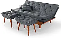Sofá Cama Caribe 3 Lugares Com 2 Banqueta Tecido Suede Cor:Cinza