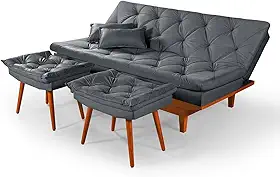 Sofá Cama Caribe 3 Lugares Com 2 Banqueta Tecido Suede Cor:Cinza
