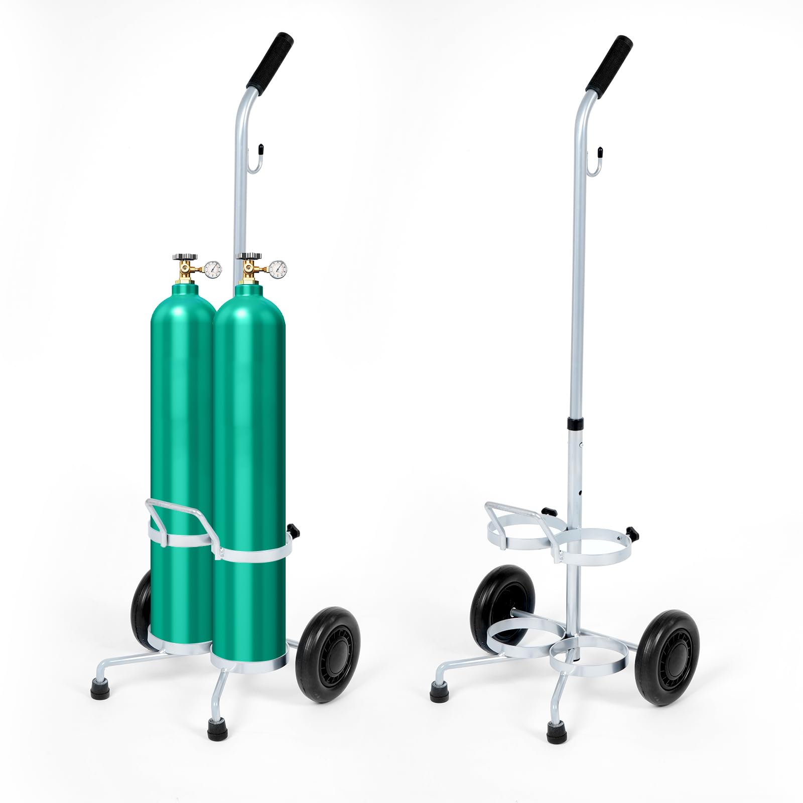 2 PCS Dual Oxygen Cylinder Cart, Lightweight Oxygen Tank Holder with Wheels, Portable D/E Rolling Oxygen Tank Cart with Adjustable Handle and Sturdy Powder-Coated Finish