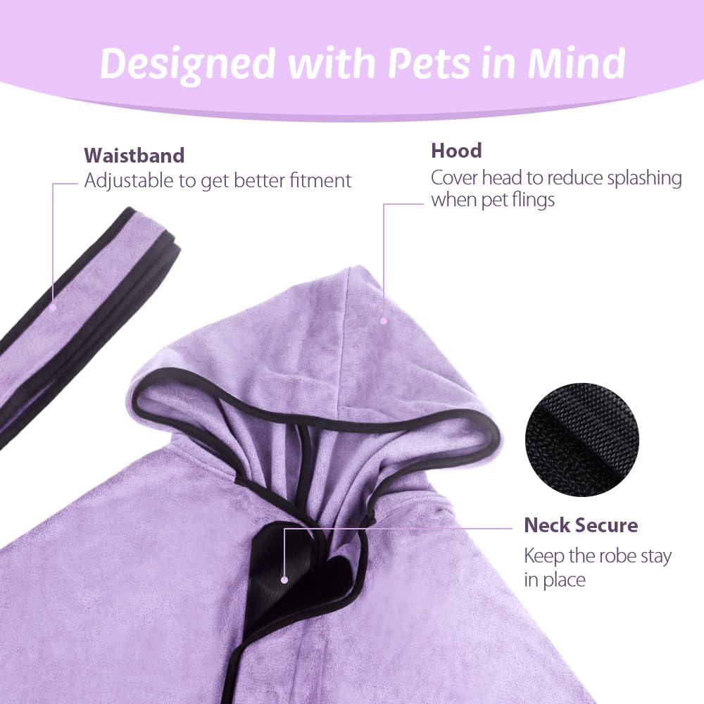 COMFPET Bathrobe Accappatoio per cani per il dopo bagno, asciugamano per animali da bagno, accappatoio con cappuccio per cani e gatti di tutte le razze, asciugamano assorbente, L (viola)