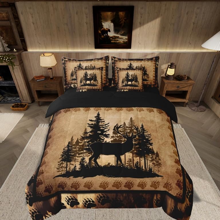 Feelyou Cute Deer Comforter Set with Sheets 7 Piece Queen Size for Girls Boys Kids Deer Hunting Bed in a Bag Room Decorative Bear Paw Print Tree