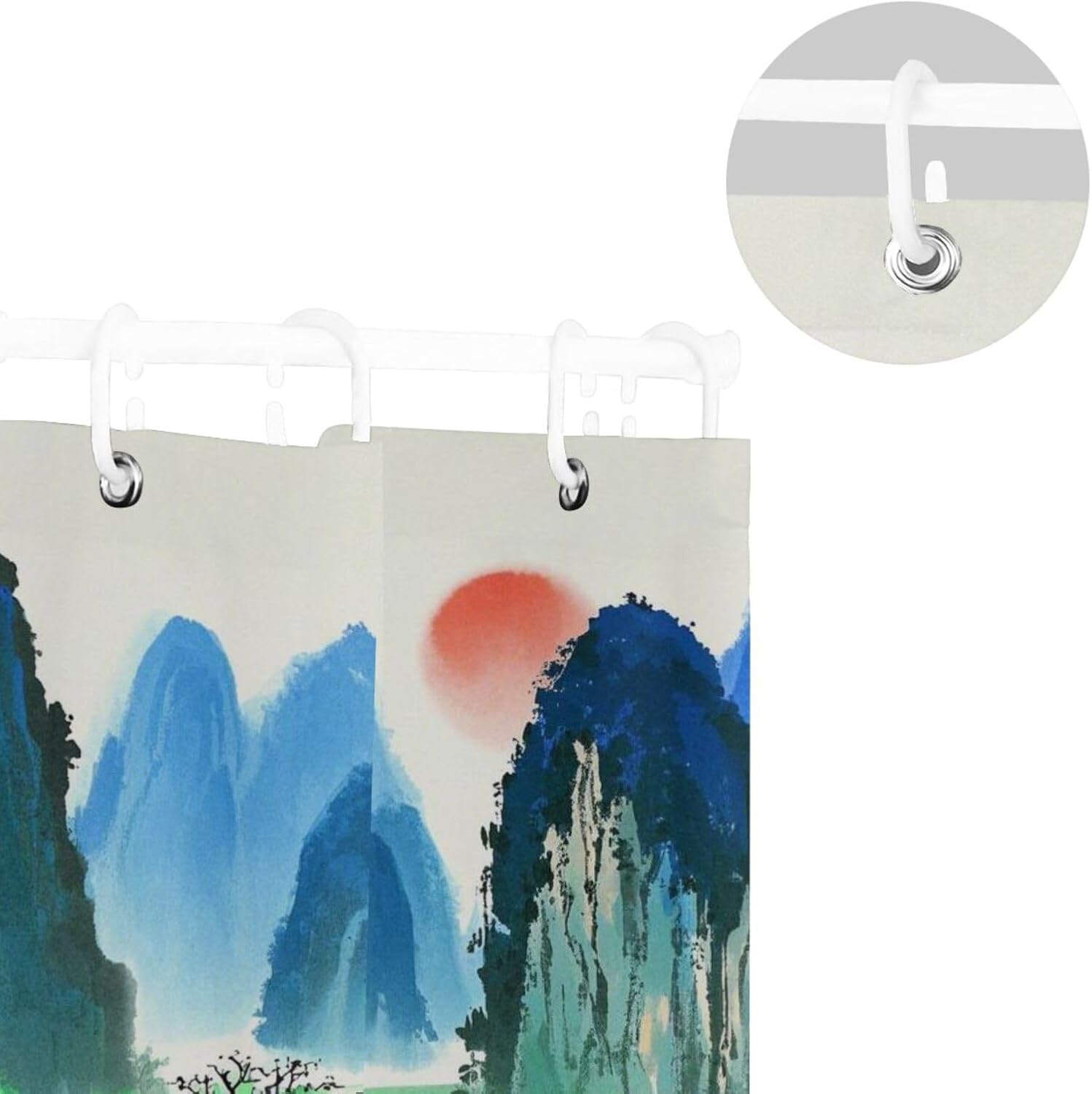66x72 Inch Water Repellent Cloth Shower Curtain Modern with Hook Chinese Ink Painting Landscape Green Polyester Resistant Washable Shower Curtain Cloth Liner for Bath Shower