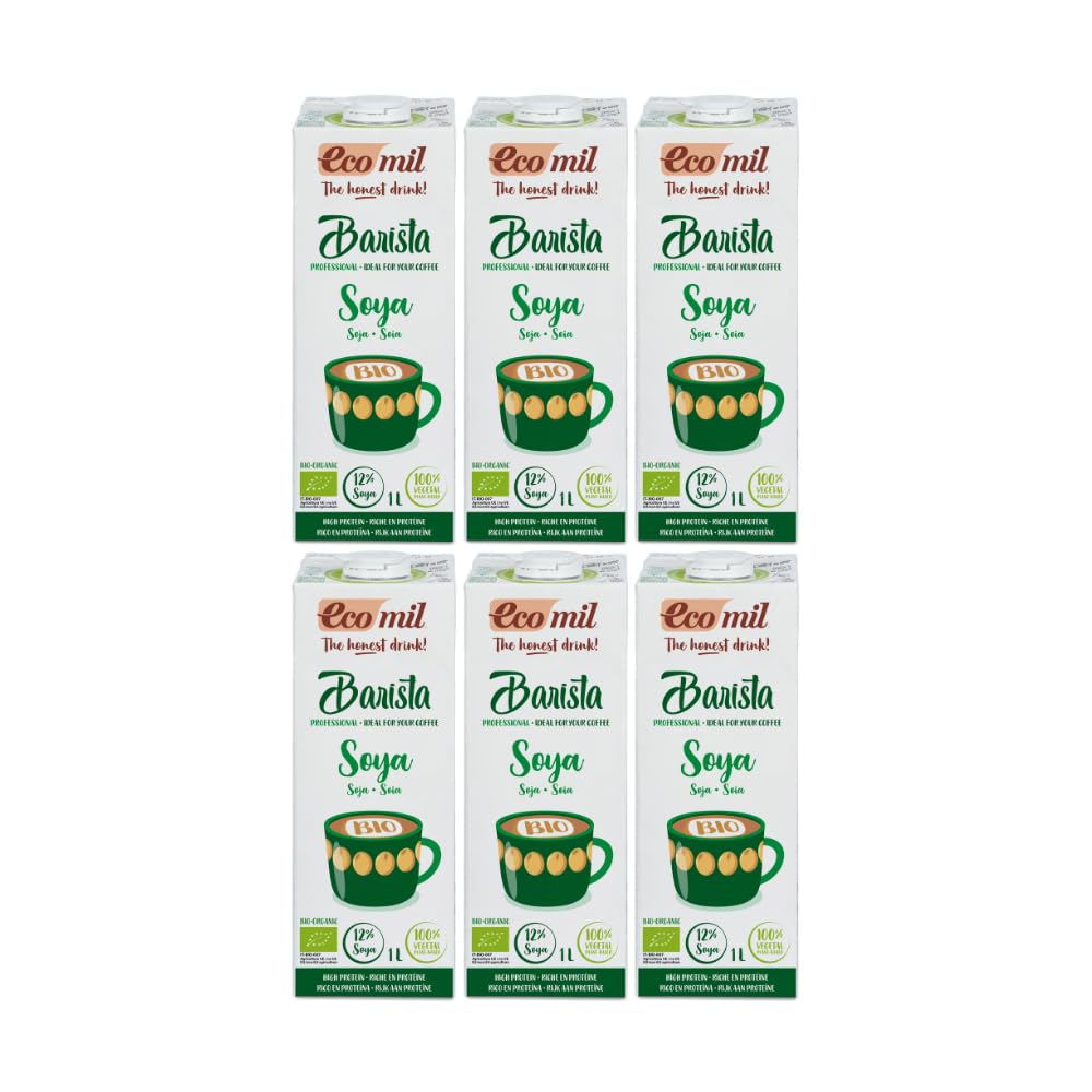 Ecomil - Bebida Vegetal de Soja Barista Bio, Pack 6 x 1 L, Sin Lactosa, Ecológica, Vegana, Bajo en Azúcares, Espuma Perfecta, Sabrosa, Ideal para Cafés