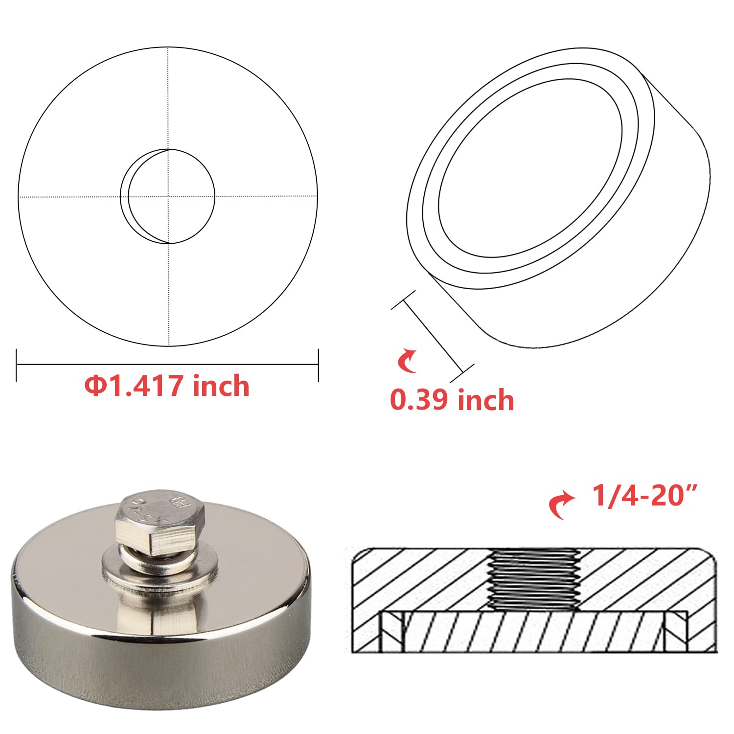 MUTUACTOR 135lb Neodymium Magnets Heavy Duty,2Pack Strong Rare Earth Magnets 1/4-20 Female Threaded Hole,Powerful Magnetic Mounting Round Magnet with Hole for Lighting,Camera,Garage Tools — Amazon image 5