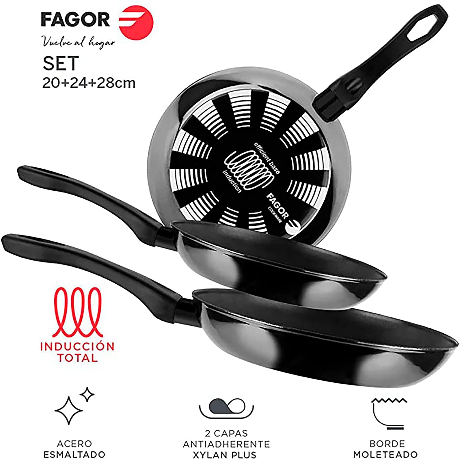 Set 3 Padelle Fagor Enara Per Induzione - Acciaio Inox 18/10, Antiaderente Xylan Plus, Ø 18-20-24 Cm, Fatto In Spagna