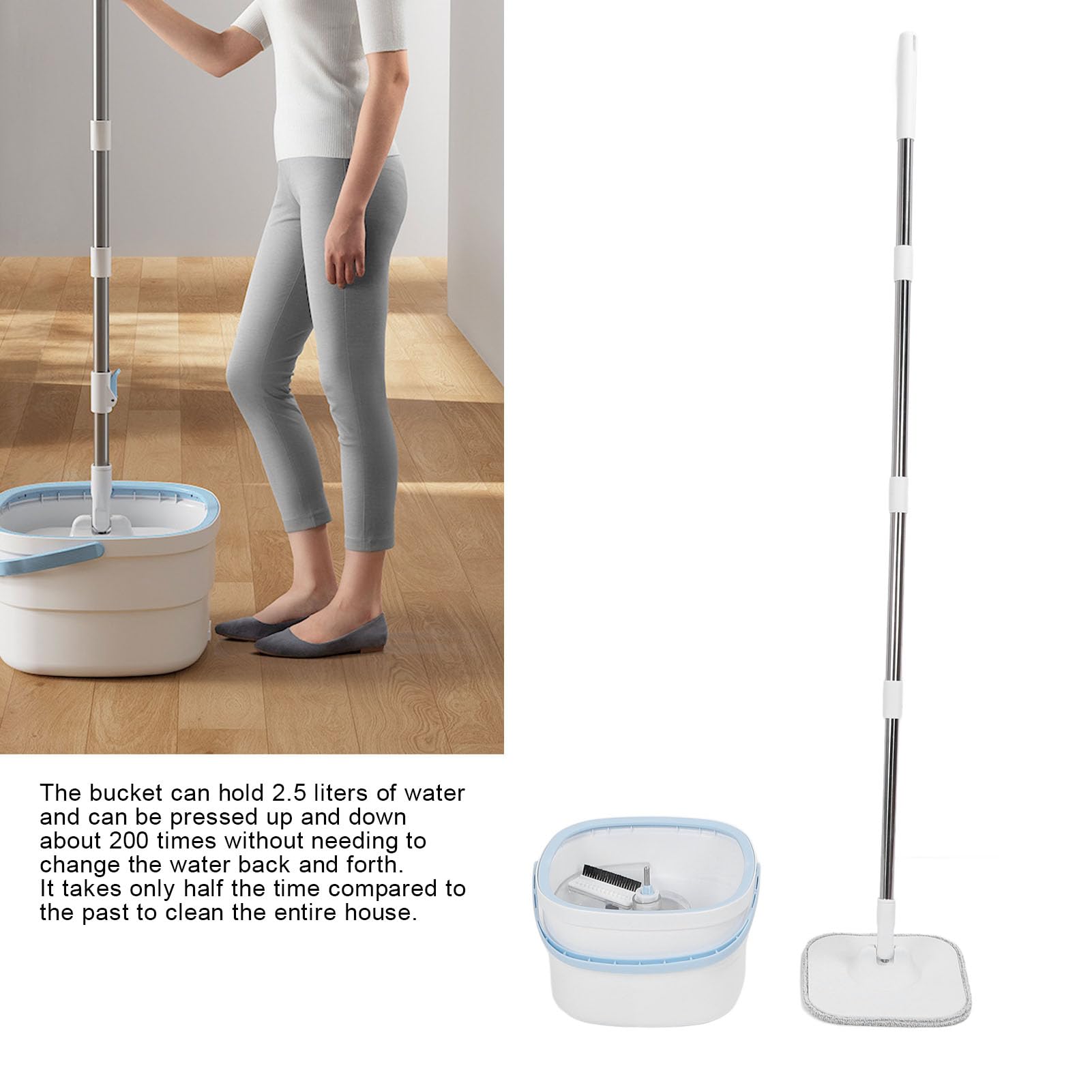 Juego de Cubo y Fregona Giratoria con de Agua Limpia y Sucia Autoseparante, Fregona Cuadrada Giratoria de 360 ​​Grados para el Hogar, Desmontable de 102-128 Cm