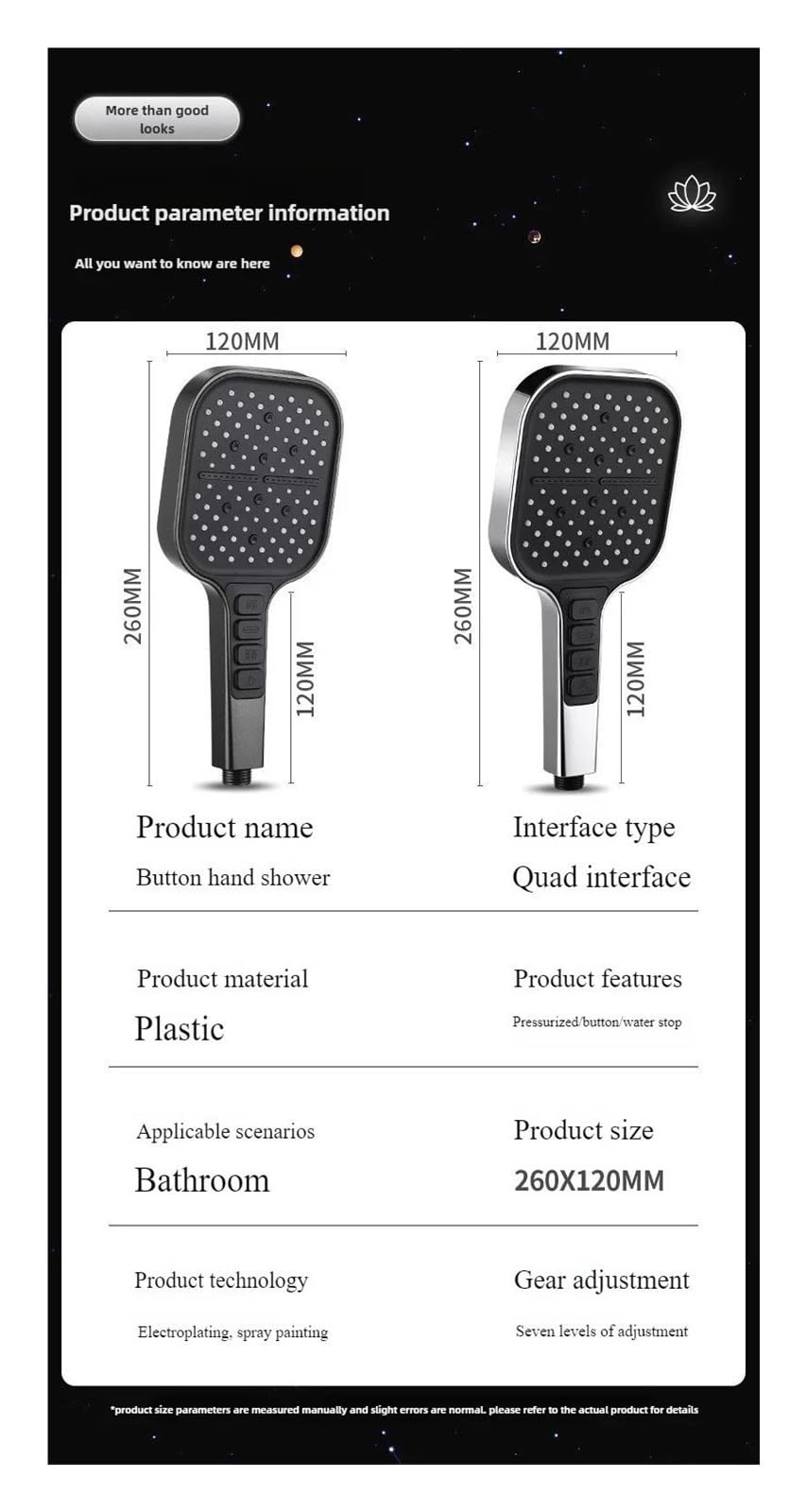 Soffione doccia grande, soffione doccia regolabile in 7 modalità, miscelatore doccia ad alta pressione per bagno e risparmio idrico(Black)