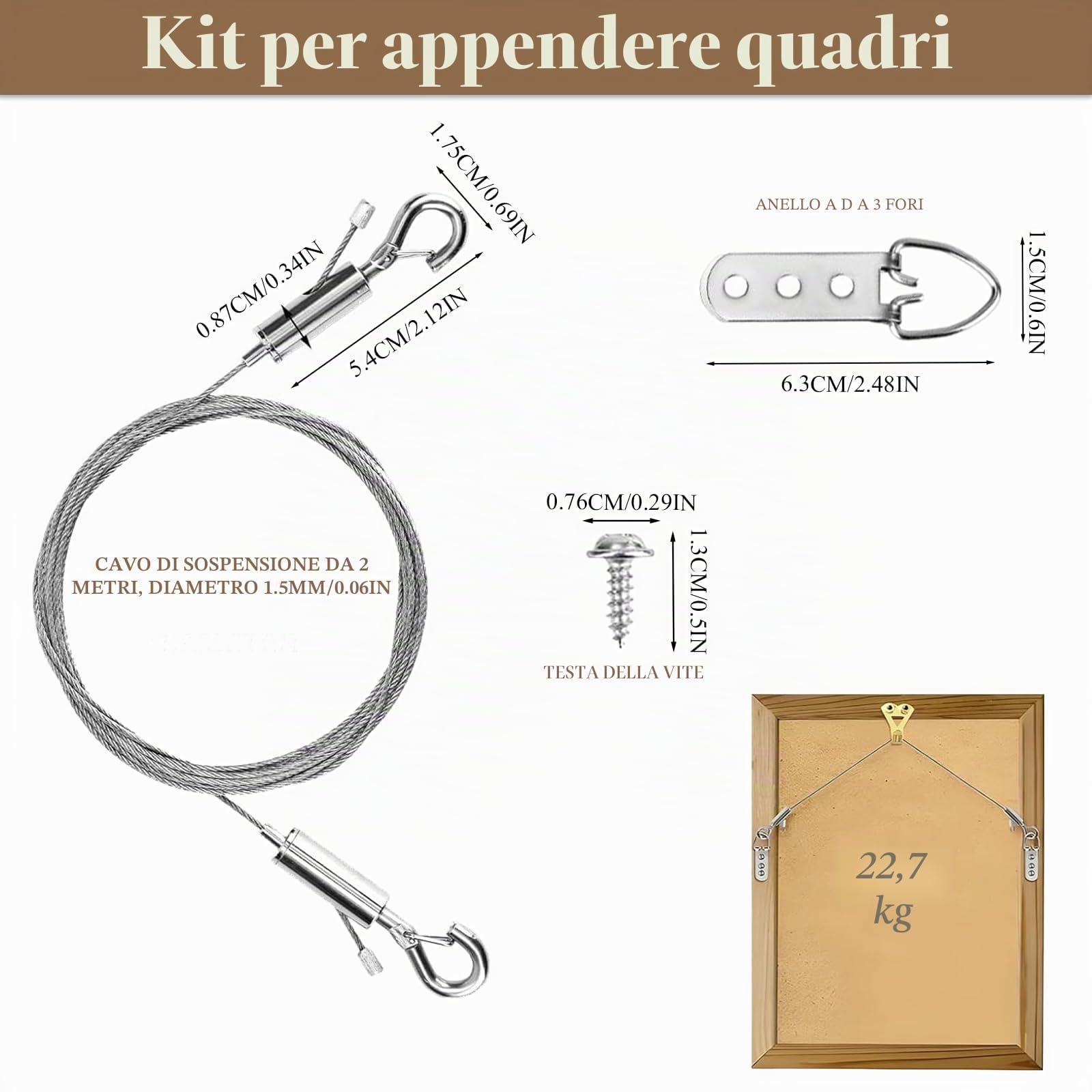 Kit Filo per Appendere Quadri, 2 Pezzi Cavo Regolabile 2m x 1mm, Ganci, Anelli a D, Viti, Corda Acciaio Inossidabile