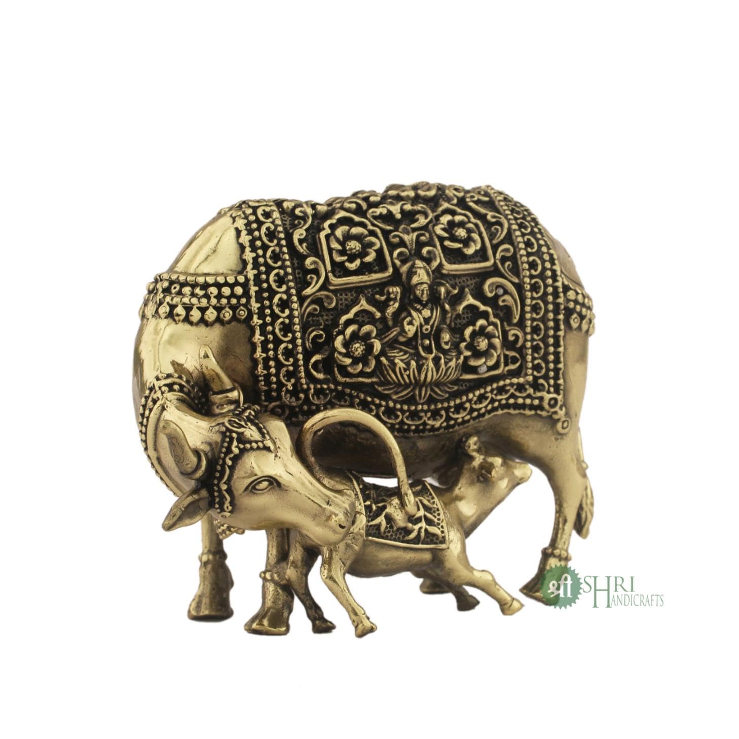 INDICAST Statuetta spirituale di Kamdhenu Gau MATA Idol Spiritual Vastu Nandi Pooja da 7,6 cm, realizzata a mano, in ottone, con mucca e vitello per la buona fortuna, per casa e ufficio (peso: 210 gm)