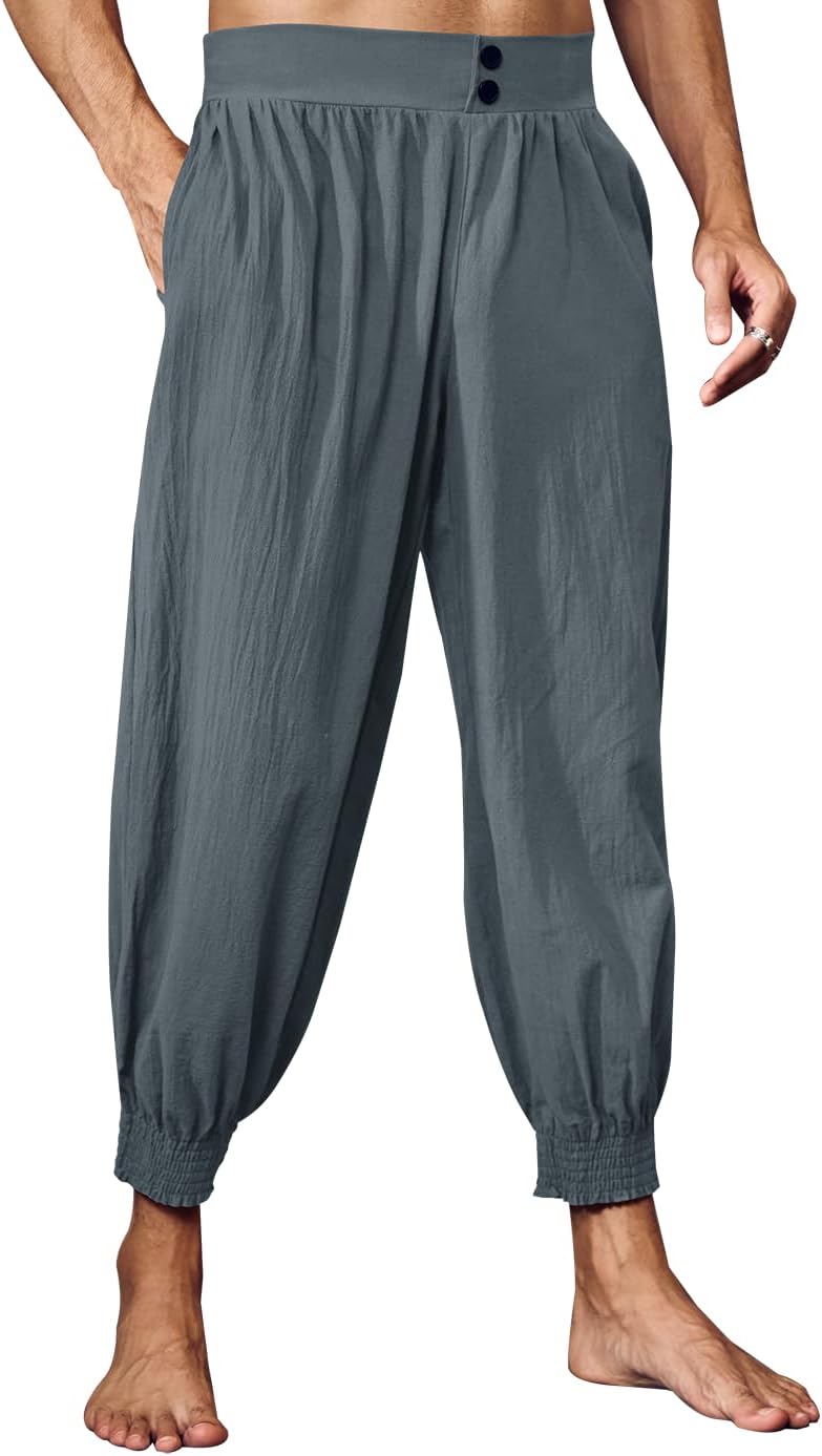 Gafeng Mens Pirate Pants Medieval Renaissance Viking Knicker Colonial Elastic Waist Halloween Cotton Costume Pants