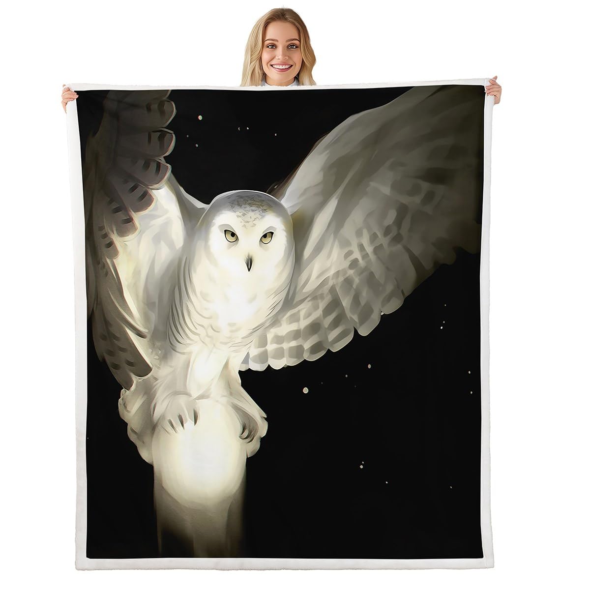 Homewish Black Sky Stars Decor Bed Throws for Kids Teens White Light Owl Pattern Flannel Fleece Blanket Microfiber Throw Blanket Soft Lightweight for