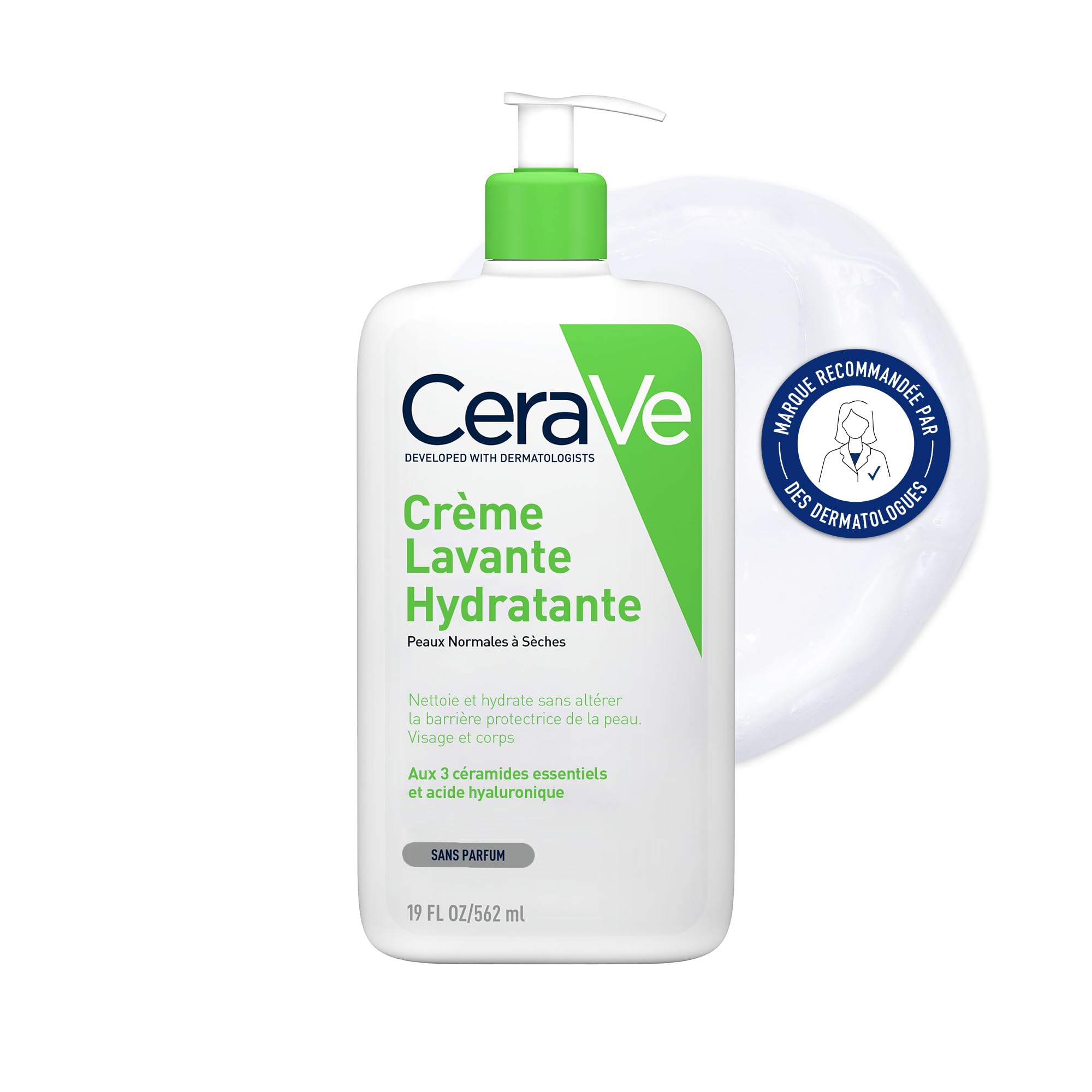 CeraVe - Crème Lavante Hydratante - Visage & Corps - Nettoie et Hydrate Sans Altérer la Barrière Cutanée - Aux 3 Céramides Essentiels + Acide Hyaluronique - Peau Normale à Sèche - 562 ml