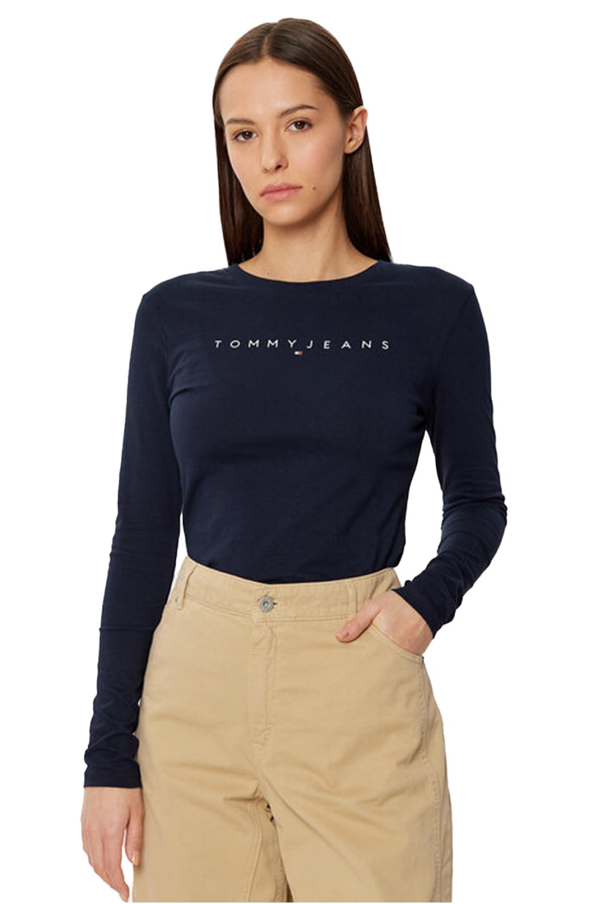 Tommy Jeans Women’s Linear Slim Fit Long Sleeve Top, Blue (Dark Night Navy), XL