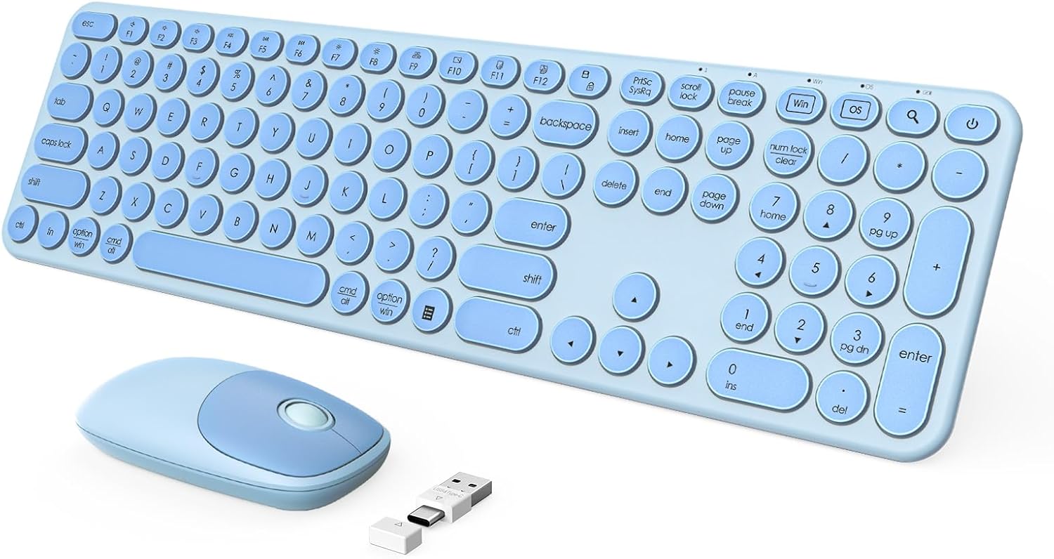 seenda Wireless Keyboard and Mouse, USB & Type C 2-in-1 Receiver, SK73-3 Full Size Teal Wireless Keyboard Mouse Combo, Compatible for Windows, MacBook Pro/Air, Laptop, Desktop, PC - Blue