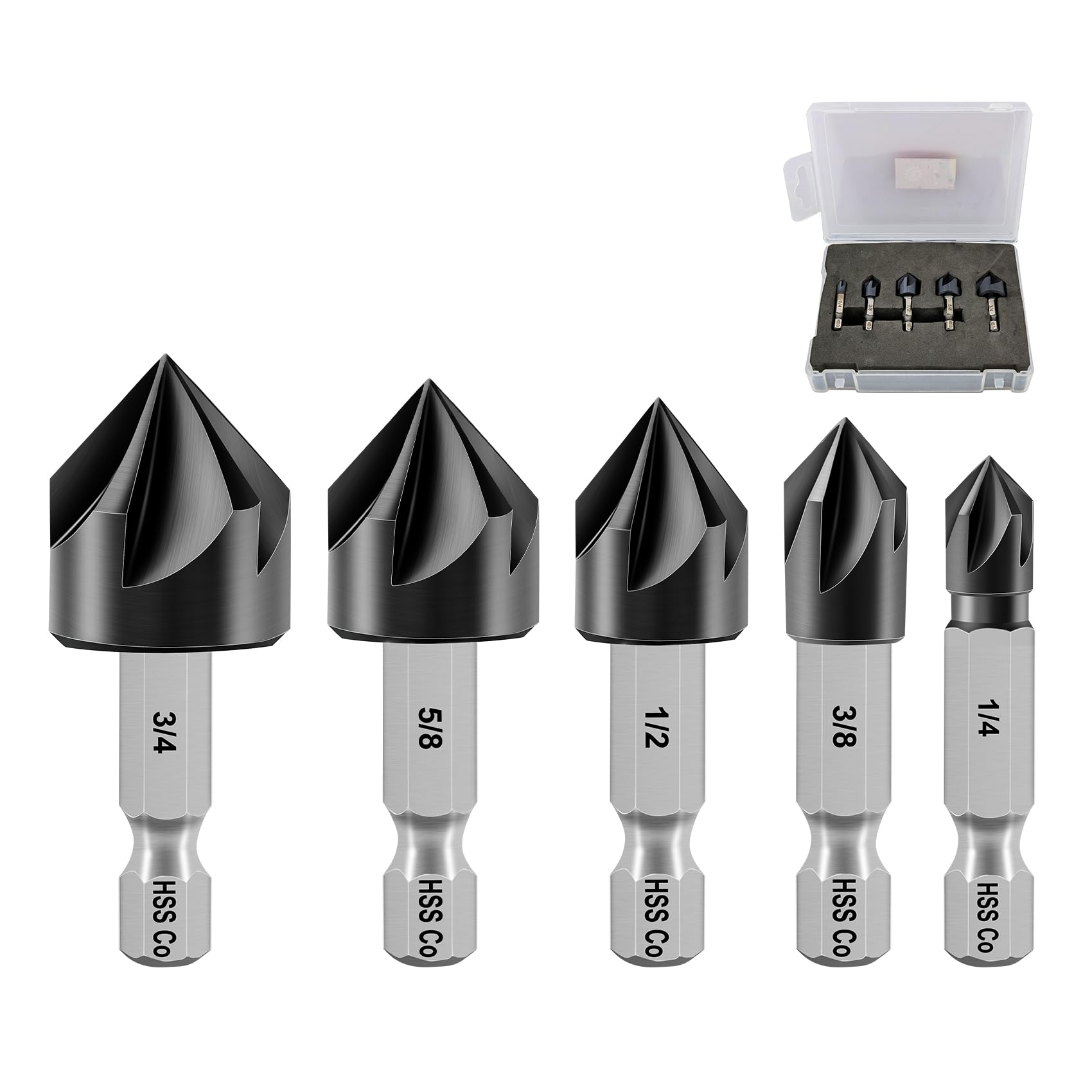 FOCSTOL Countersink Drill Bit Set - Countersink Chamfer Deburring Tool Set with Quick Change Hex Shank for Stainless Steel Copper Wood Plastic 5pcs (1