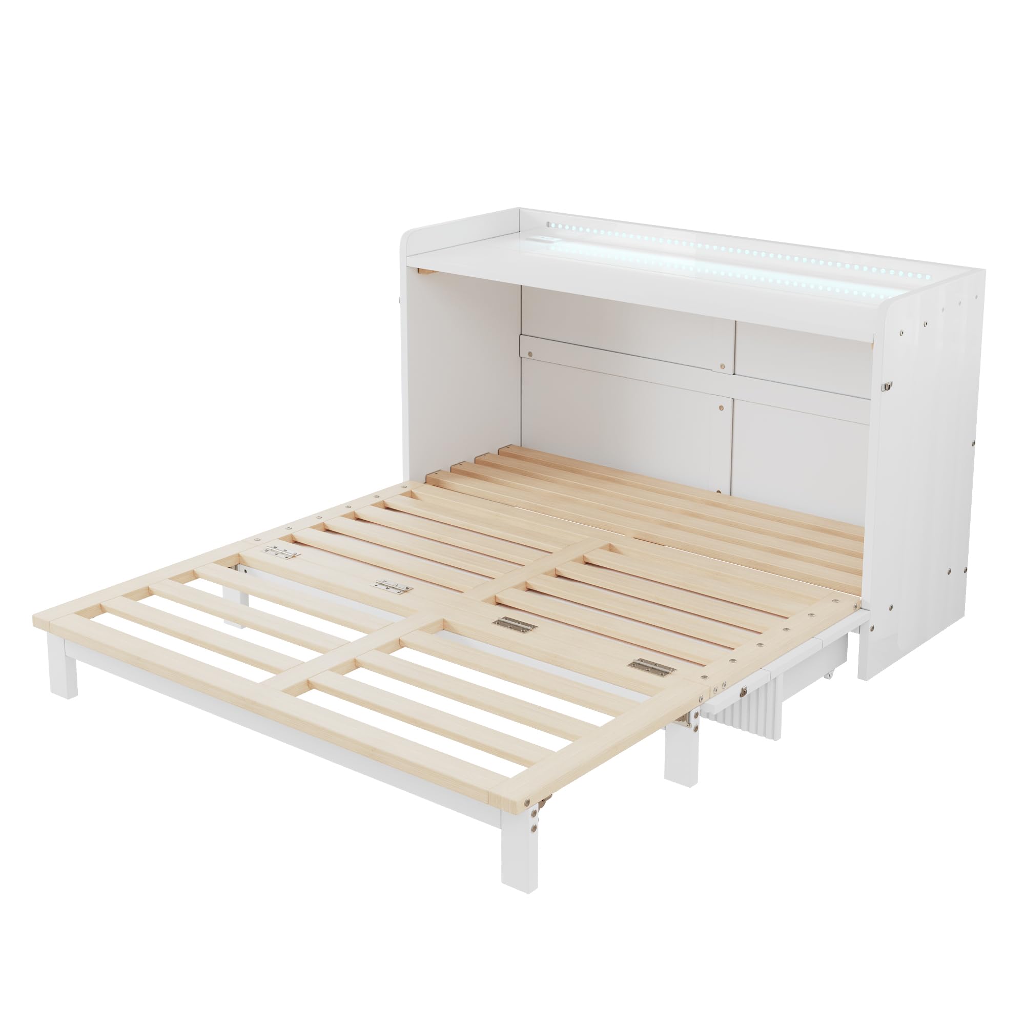 Armario cama, 140 x 200 cm, debajo de la cama se encuentran cajones, con USB y enchufe, barra de luz LED, con placa brillante, cama con plataforma convertible, sin colchón, color blanco
