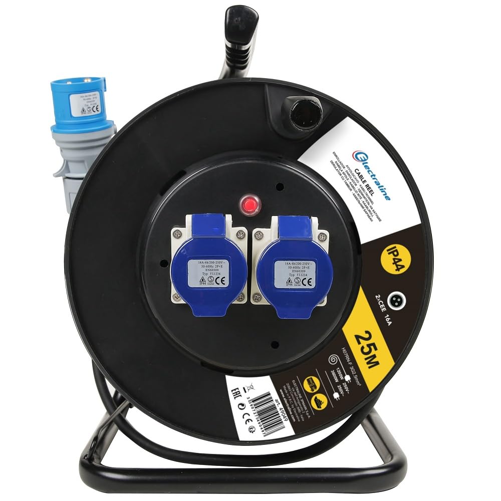 Electraline 49049 Prolunga in Gomma con Avvolgicavo 25 m, 2 Prese Industriali IEC, Spina a 3 Poli CEE Adatto per Camper, Campeggio, Caravan, Barca, Can, Nero/Blu