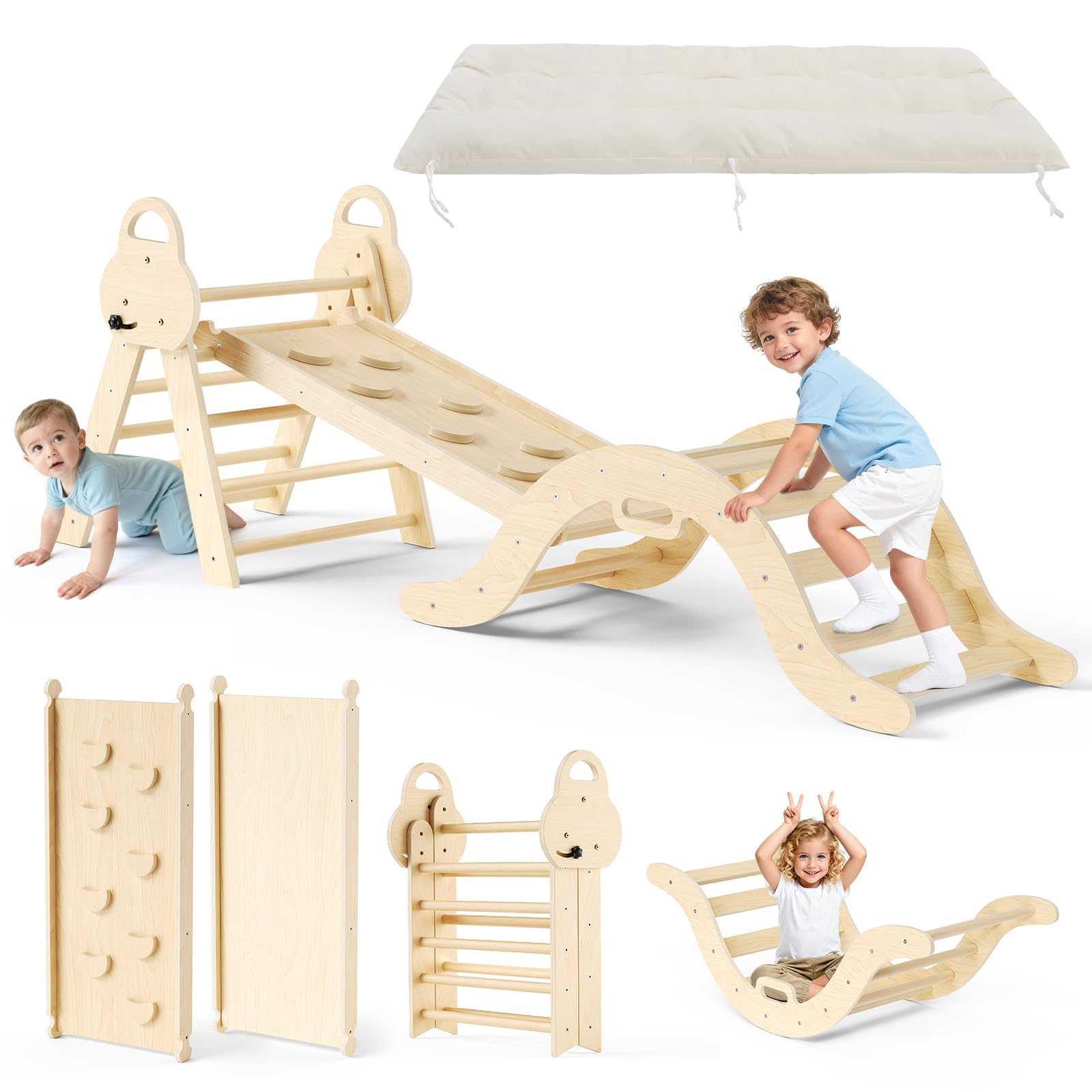 Toddle Climbing Toys, Children's Wooden Climbing Ladders, children Foldable Frame, Montessori game equipment for Toddlers (Beige Wood)