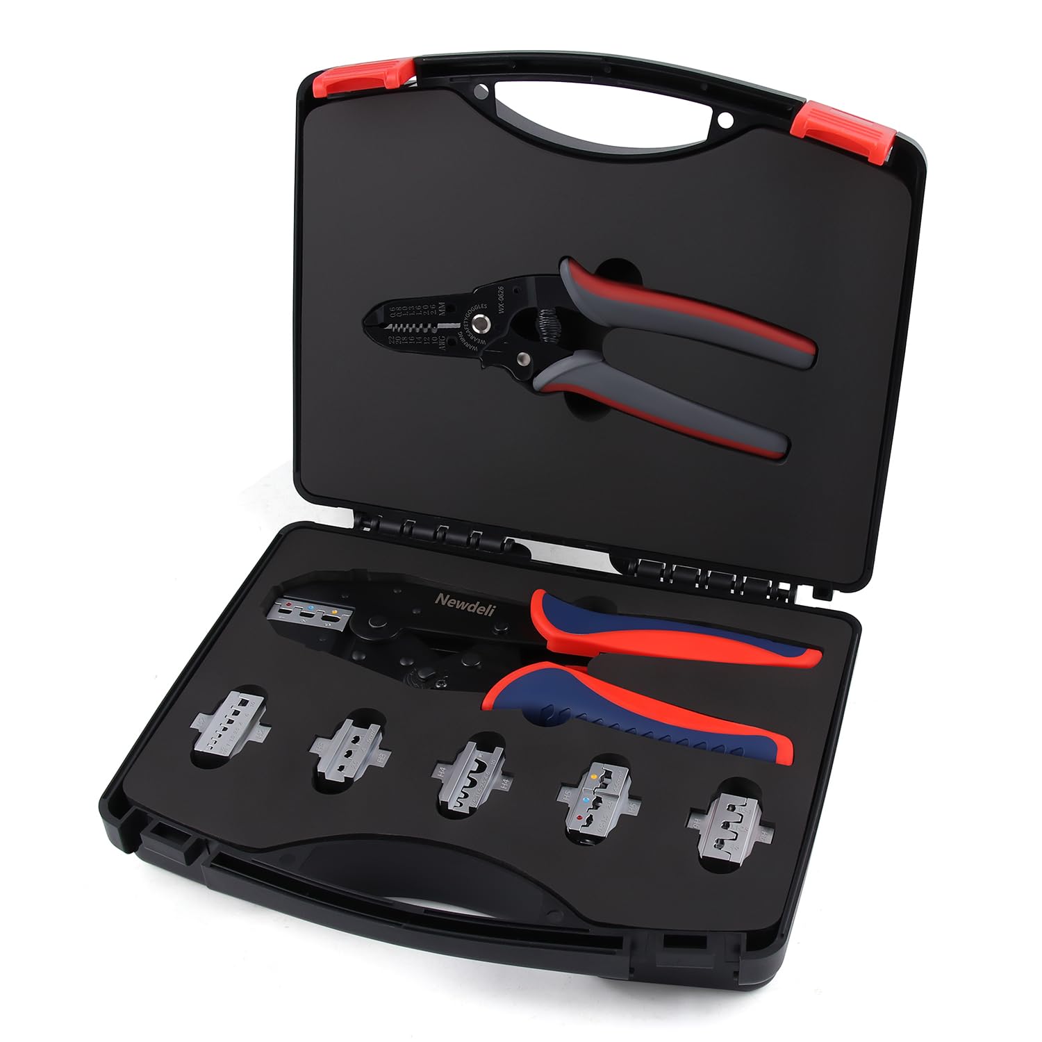 Newdeli Kit de herramientas de crimpado de alambre, 7 alicates de crimpado de alambre de trinquete para conectores termorretráctiles, conectores de virola conectores solares, conectores de barril